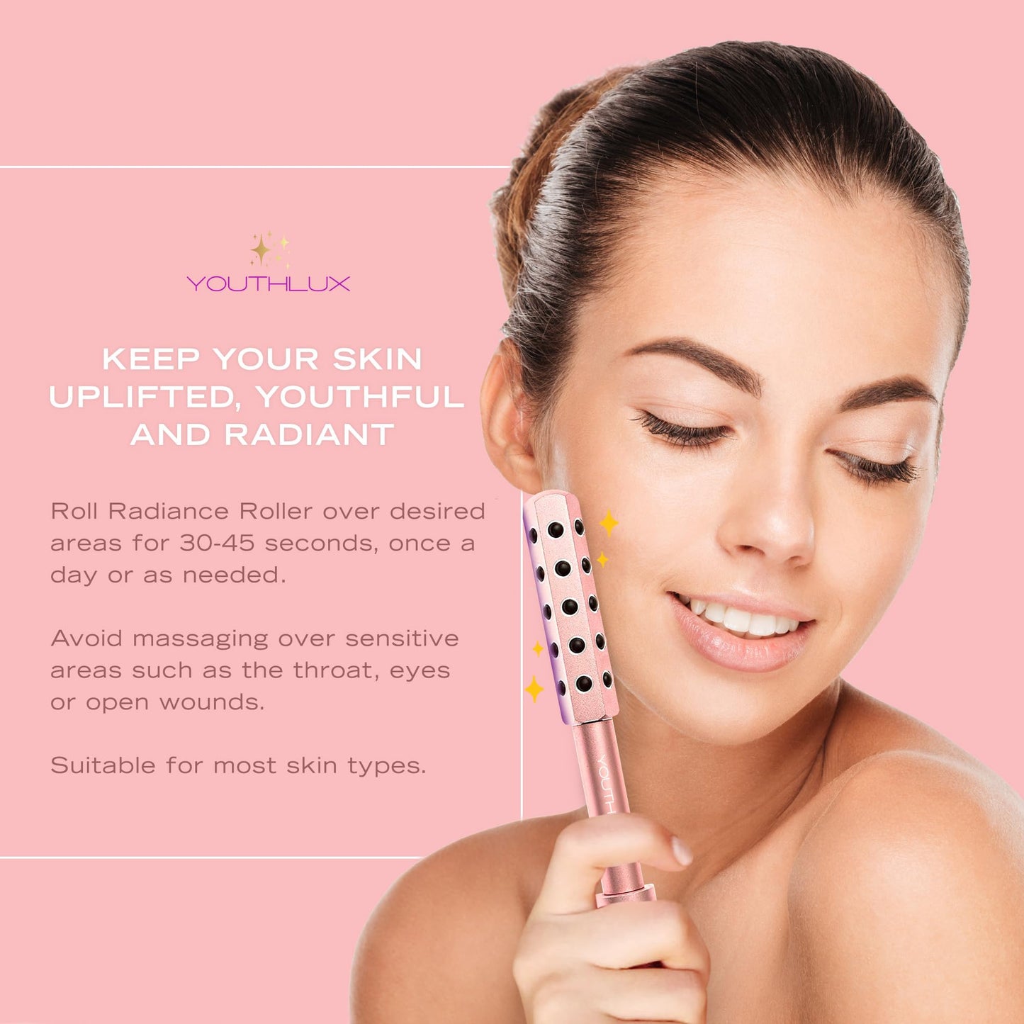 YOUTHLUX Radiance Roller - Germanium Stone Uplifting Face Beauty Massage Tool/Roller/Wand for Skin Tightening, De-Puffing, Sculpt/Lift, Anti-Aging | Uplift Face Roller, Facial Roller (Rose Gold) - Medaid International