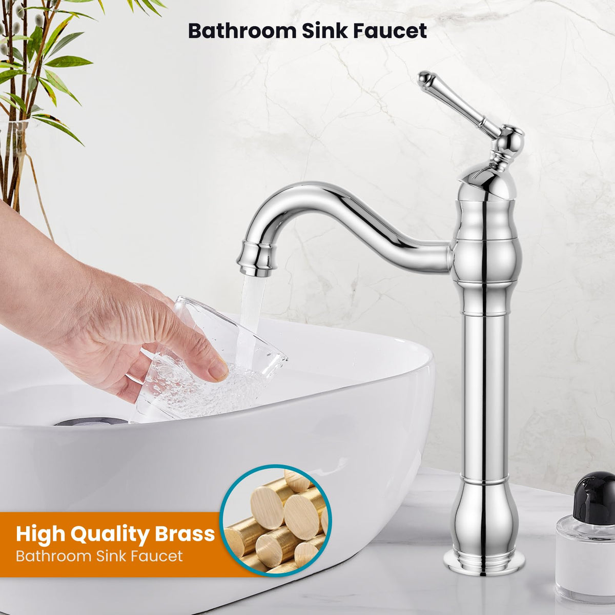 gotonovo Bathroom Vessel Sink Faucet Polish Chrome Single Handle Lavatory Vanity Mixer Bar Tap 360° Swivel with Pop Up Drain Tall Spout Single Hole Deck Mount