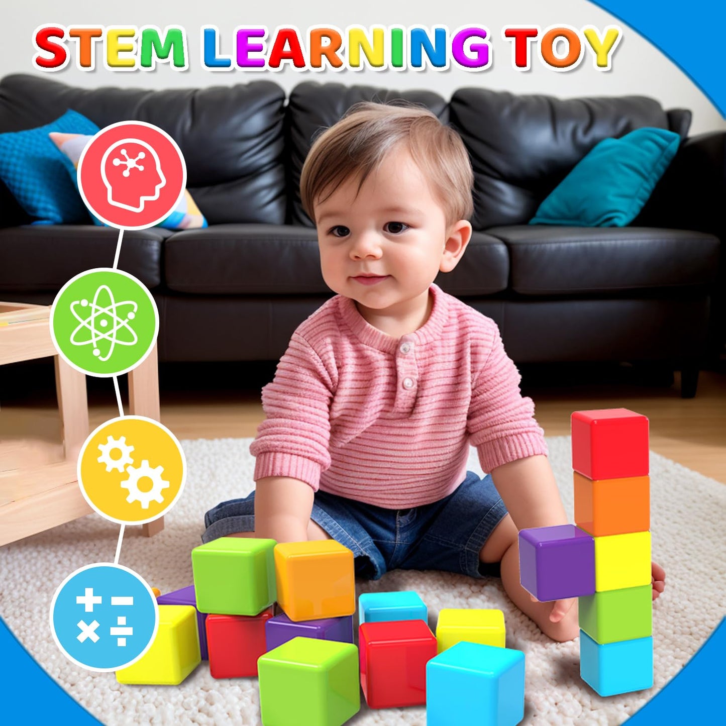 Magnetic Building Blocks Large, 1.65 inch Magnetic Stacking Cubes for Toddlers, Sensory & Montessori Toys for Boys & Girls 1 2 3 Years Old (12 PCS) - Medaid International