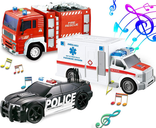 3 Pack Emergency Vehicle Toy Playsets, Babies Toys Friction Powered Vehicles with Light and Sound, Ambulance Toy, Play Police Car and Toy Helicopter, Vehicle Toys Toddler Toys for 3+Year Old Boys