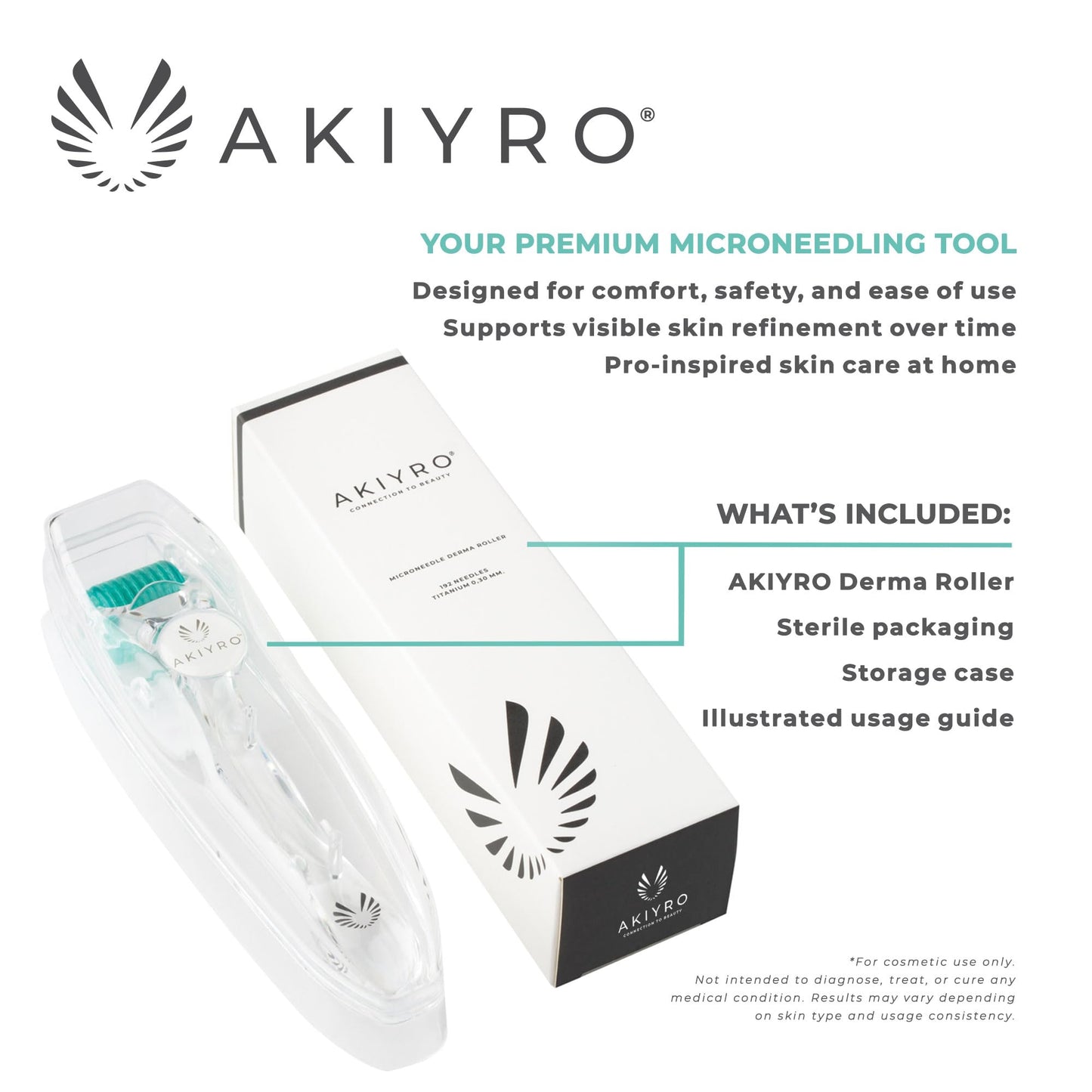 AKIYRO Derma Roller 0.30mm - Microneedle Roller with Storage Case - 192 Micro Needling Dermal Tool for Face, Beard, Scalp & Body - At Home Microneedling Skin Care Device for Women & Men (Green) - Medaid International