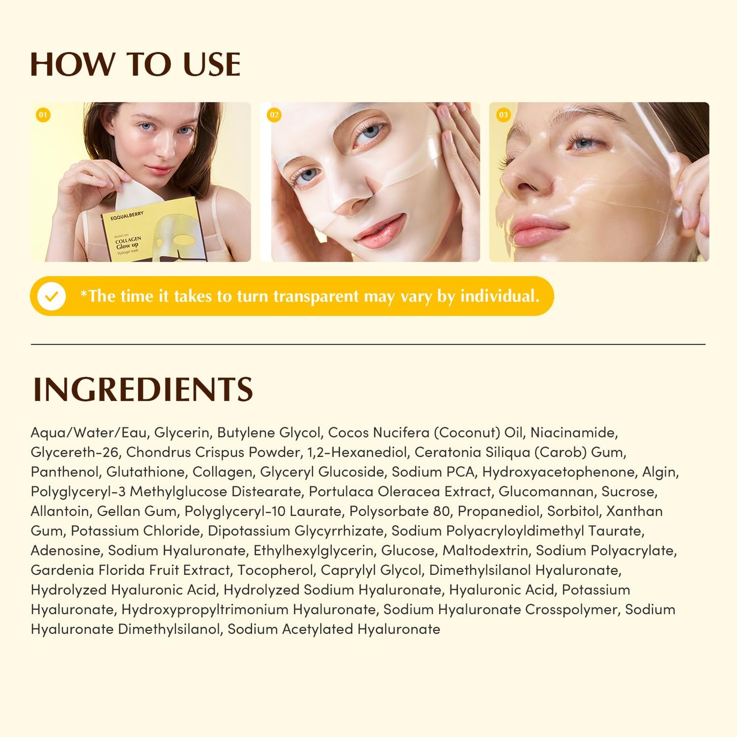 EQQUALBERRY Collagen Glow Up Mask - Niacinamide & Low Molecular Collagen for Brightening and Radiance Boosting | Korean Collagen Face Mask for Glass Skin, 4 Sheets, 1.01 OZ. - Medaid International