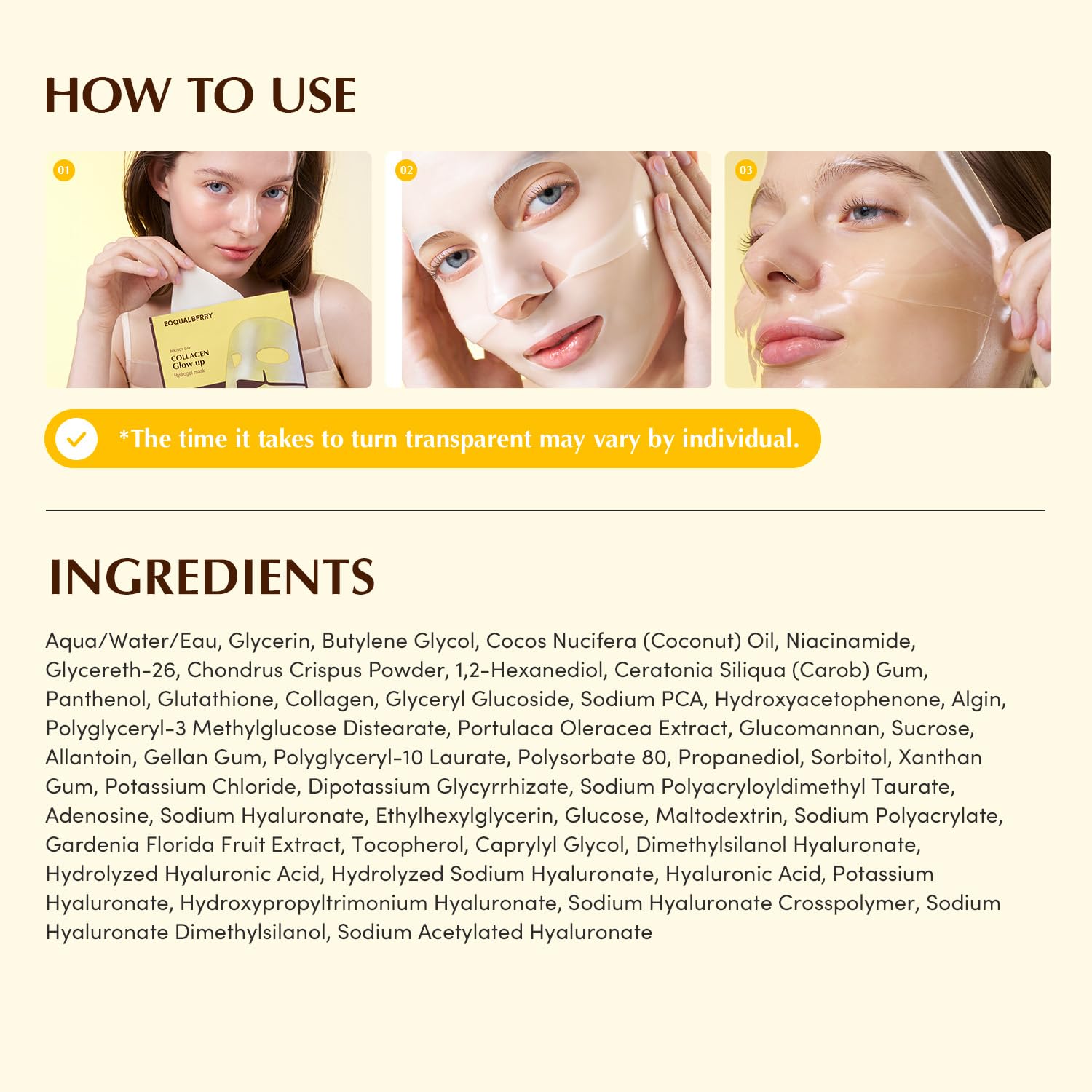 EQQUALBERRY Collagen Glow Up Mask - Niacinamide & Low Molecular Collagen for Brightening and Radiance Boosting | Korean Collagen Face Mask for Glass Skin, 4 Sheets, 1.01 OZ. - Medaid International
