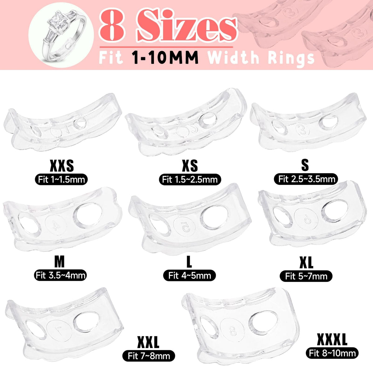 TERRIFI Invisible Ring Size Adjuster for Loose Rings, 8 Pcs Plastic Ring Sizers, Flexible Ring Guards with Hole, Anti-Slip Ring Adjusters for Women and Men, 8 Sizes