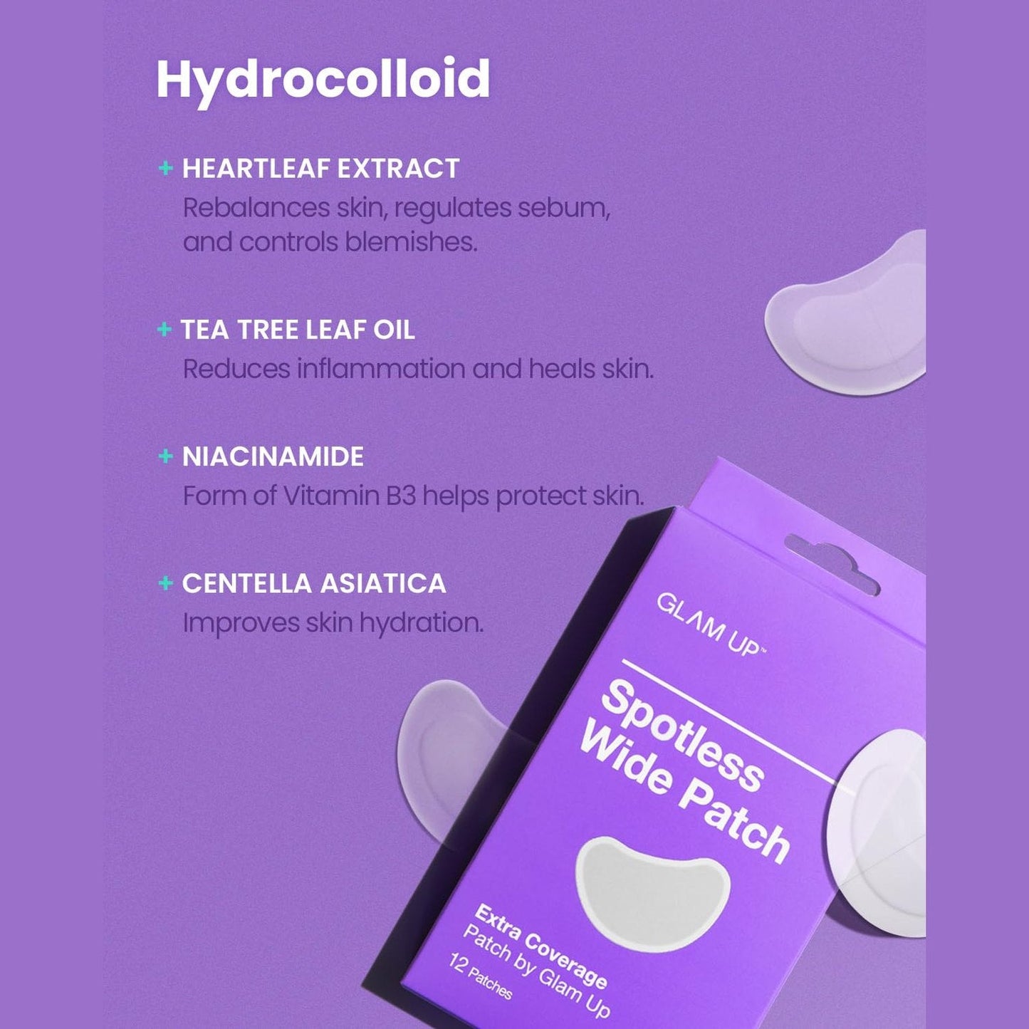 GLAM UP Spotless Patch - Hydrocolloid Spot Patch for Wide Acne area, Cheek, Body, Blackhead Cruelty Free and Vegan Friendly (12 Count) - Medaid International