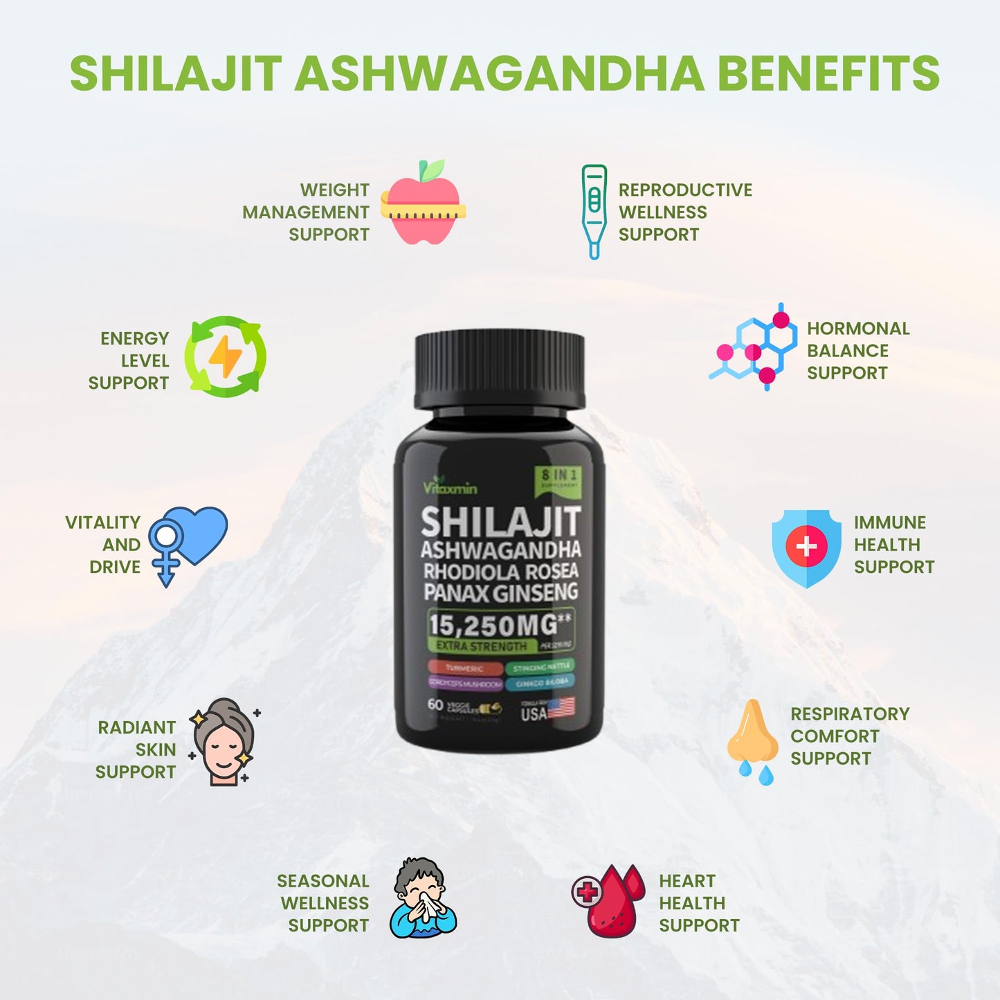 Shilajit and Ashwagandha Capsules, 8-in-1 Herbal Multivitamin for Men and Women, with Rhodiola Rosea, Ginseng, and Stinging Nettle, Shilajit for Men and Women - Medaid International