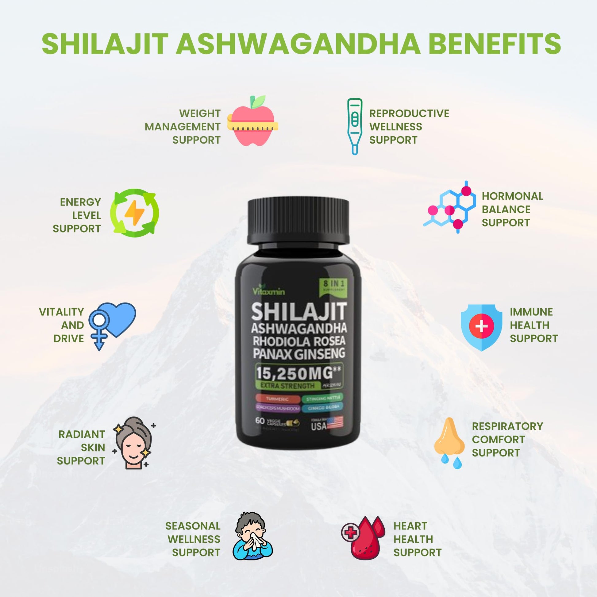 Shilajit and Ashwagandha Capsules, 8-in-1 Herbal Multivitamin for Men and Women, with Rhodiola Rosea, Ginseng, and Stinging Nettle, Shilajit for Men and Women - Medaid International
