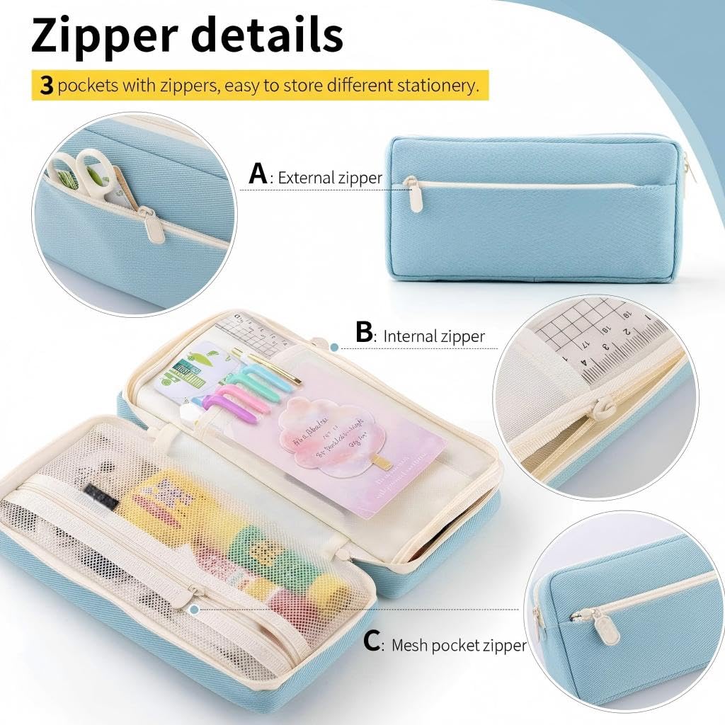 KASTWAVE Large Capacity Pencil Case, Big Capacity Pencil Pouch, Pen Marker Holder Double Zipper Storage Bag, Big Pencil Organizer for College School Office Teen Girl Boy Women Men Adult (Blue)