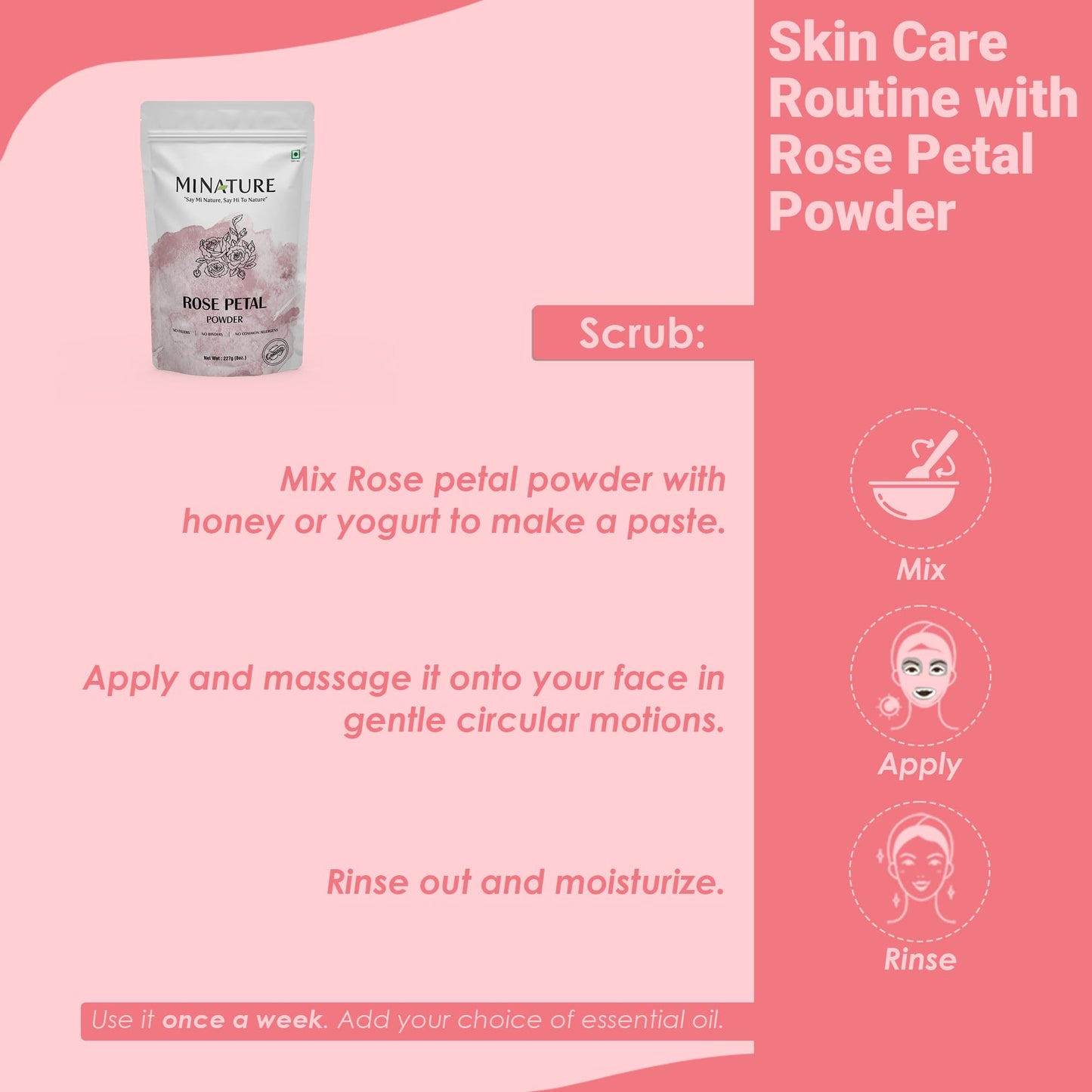 Rose petal powder by mi nature | 227 g (8 oz) (0.5 lb) | 100% Natural and Pure | Skin care | Chemical free | No added colours, no preservatives - Medaid International