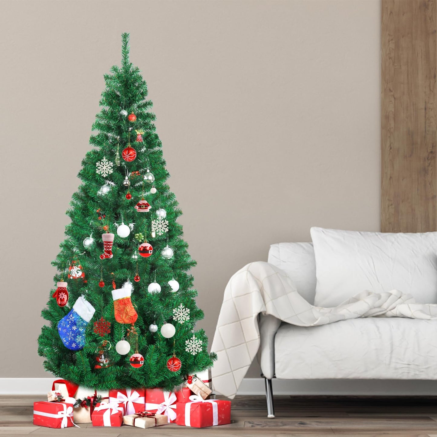 CCINEE 6ft Pine Artificial Christmas Green Half Tree Easy-Assembly with Solid Metal Stand for Wall Xmas Themed Party Decoration Indoor Outdoor Living Room Decor - Medaid International