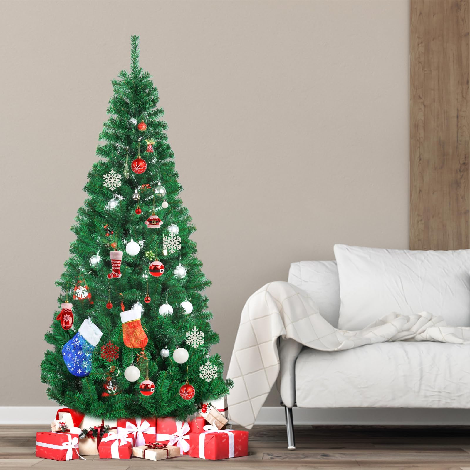 CCINEE 6ft Pine Artificial Christmas Green Half Tree Easy-Assembly with Solid Metal Stand for Wall Xmas Themed Party Decoration Indoor Outdoor Living Room Decor - Medaid International