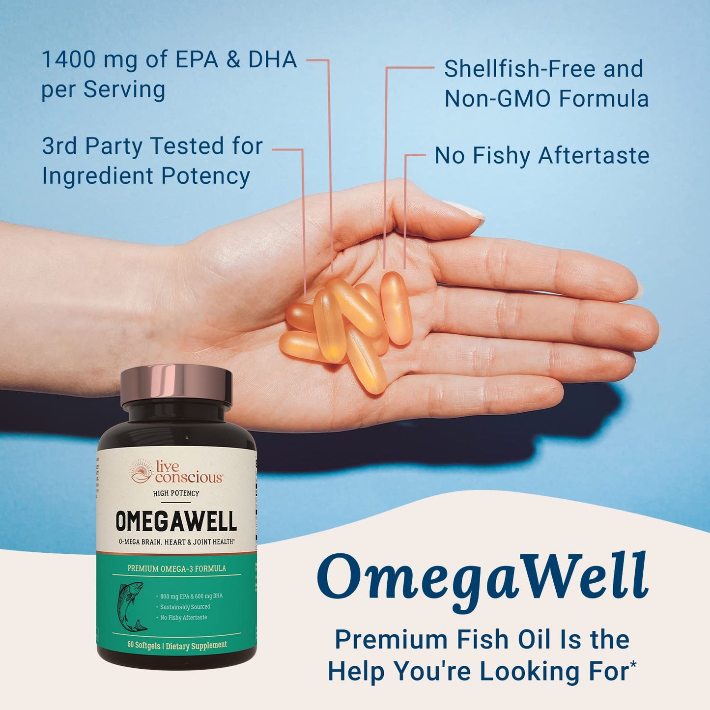 Live Conscious OmegaWell Omega 3 Fish Oil - 2000mg Capsules: Heart, Brain, & Joint Support - 800 mg EPA 600 mg DHA - Sustainably Sourced - Softgels - 30 Day Supply - Medaid International