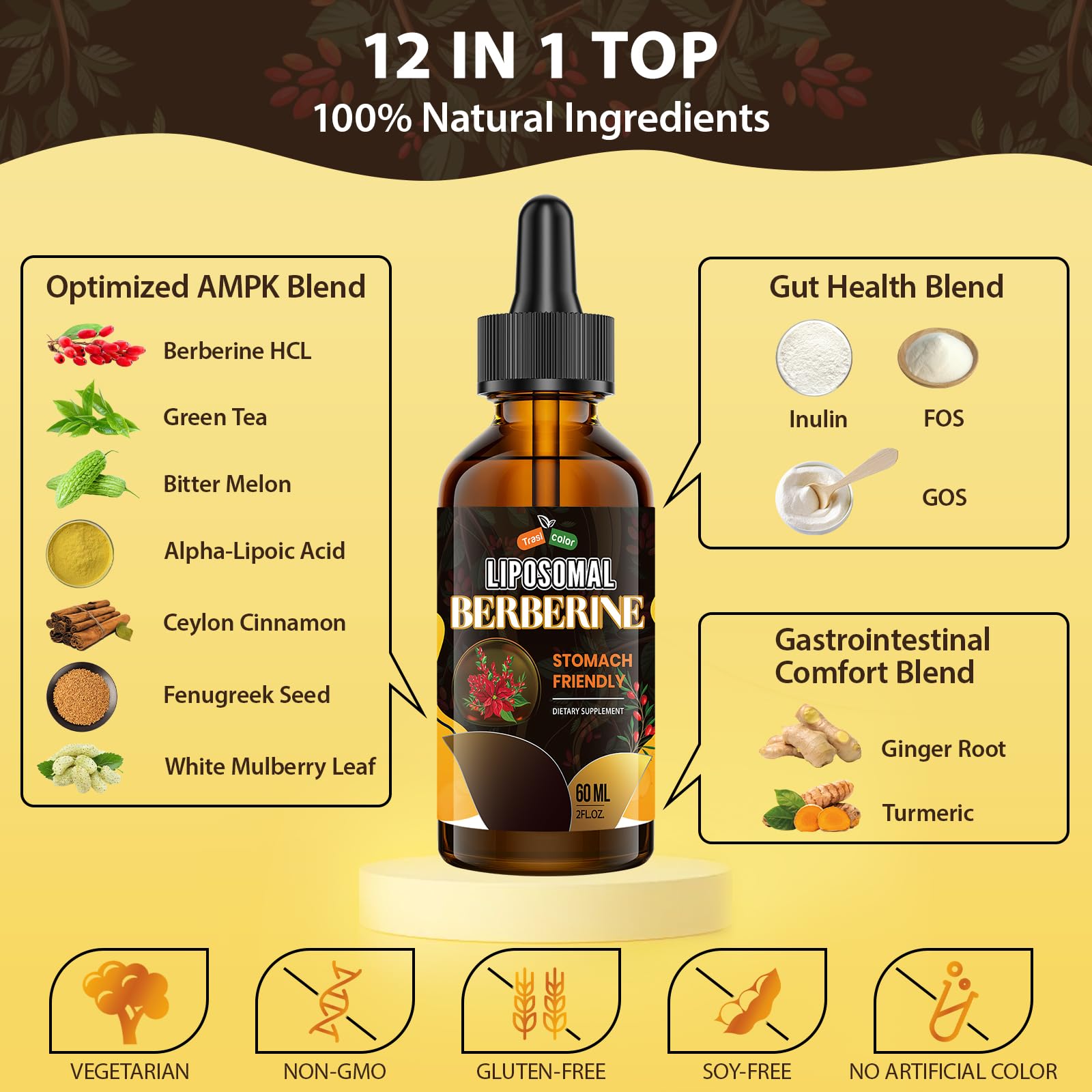 Berberine Supplement Liquid Drops - High Bioavailability Liposomal Berberine Supplements, Berberine HCL Complex with Ceylon Cinnamon Plus Turmeric, AMPK Activator, Suitable for Women,Men-60ml - Medaid International
