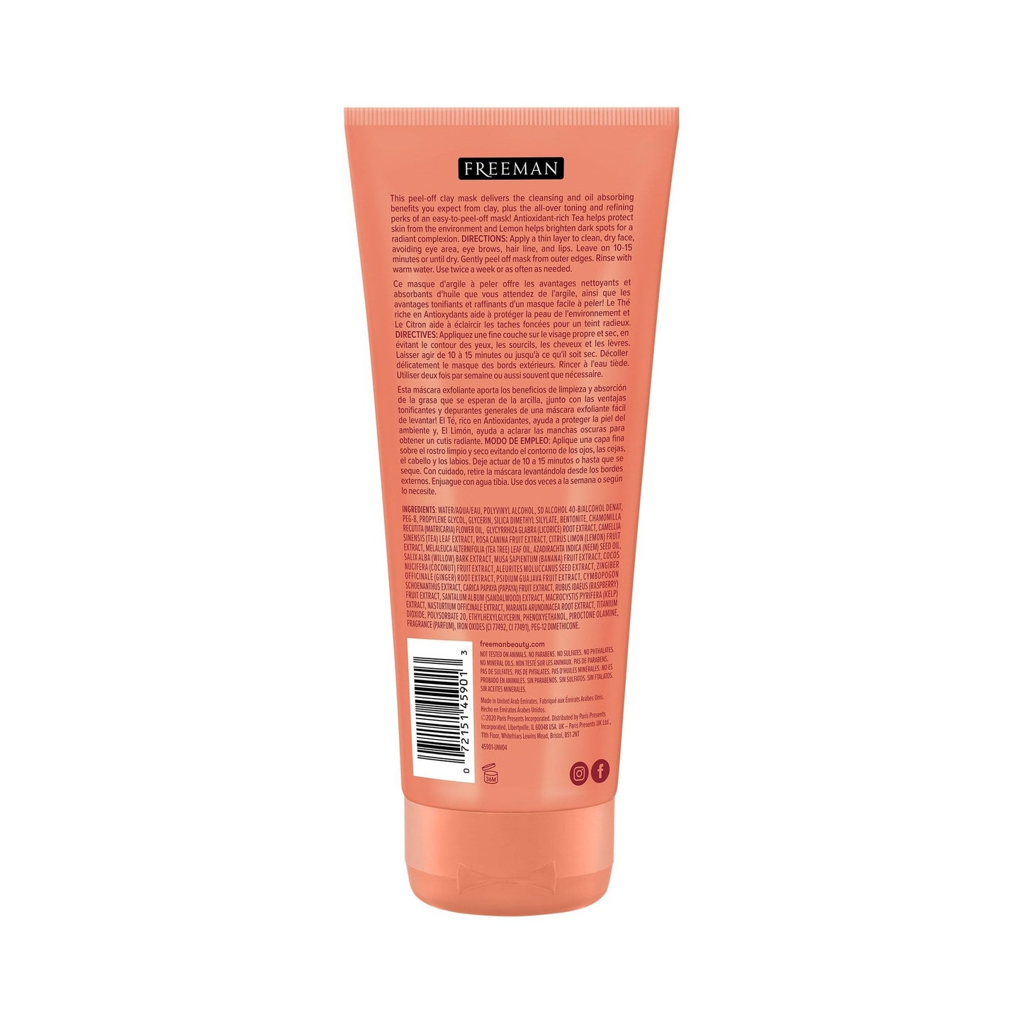Freeman Clearing Peel-Off Clay Mask, Brightening & Toning Facial Mask, Tea & Lemon Help Even Skin, Antioxidant Rich, Clay Face Mask For Breakouts, Cruelty-Free & Vegan, 6 fl. oz./175 ml Tube, 1 Count - Medaid International