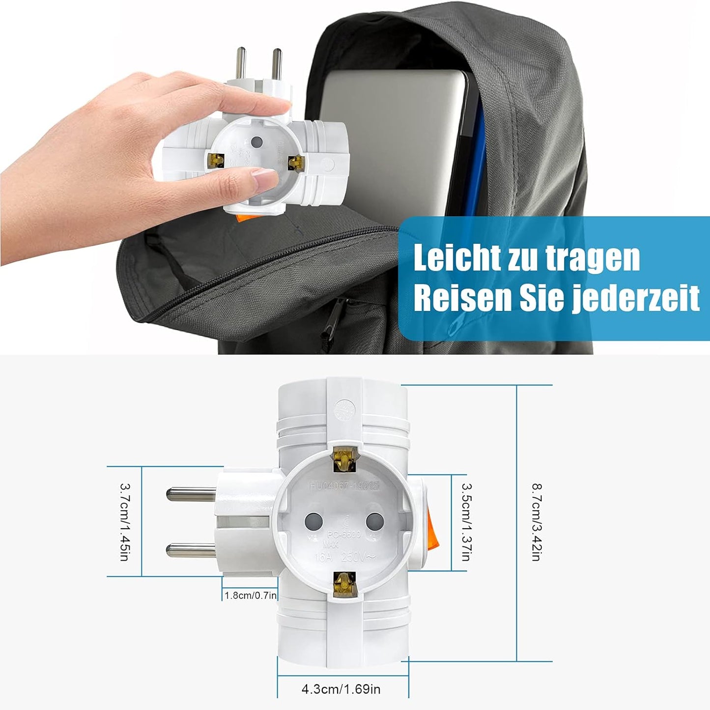 Jexpower - Double Plug Socket Adapter, 3 Outlets, Type B, 3680W Power Capacity