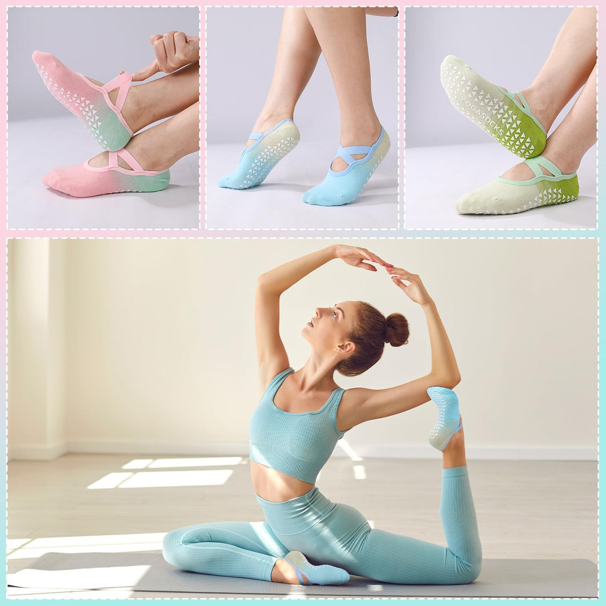 Non-Slip Yoga Socks for Women, Grip Socks with Straps, Pilates Barre Dance Workout Sock, Colorful Ballet Fitness Footwear, 6-Pack