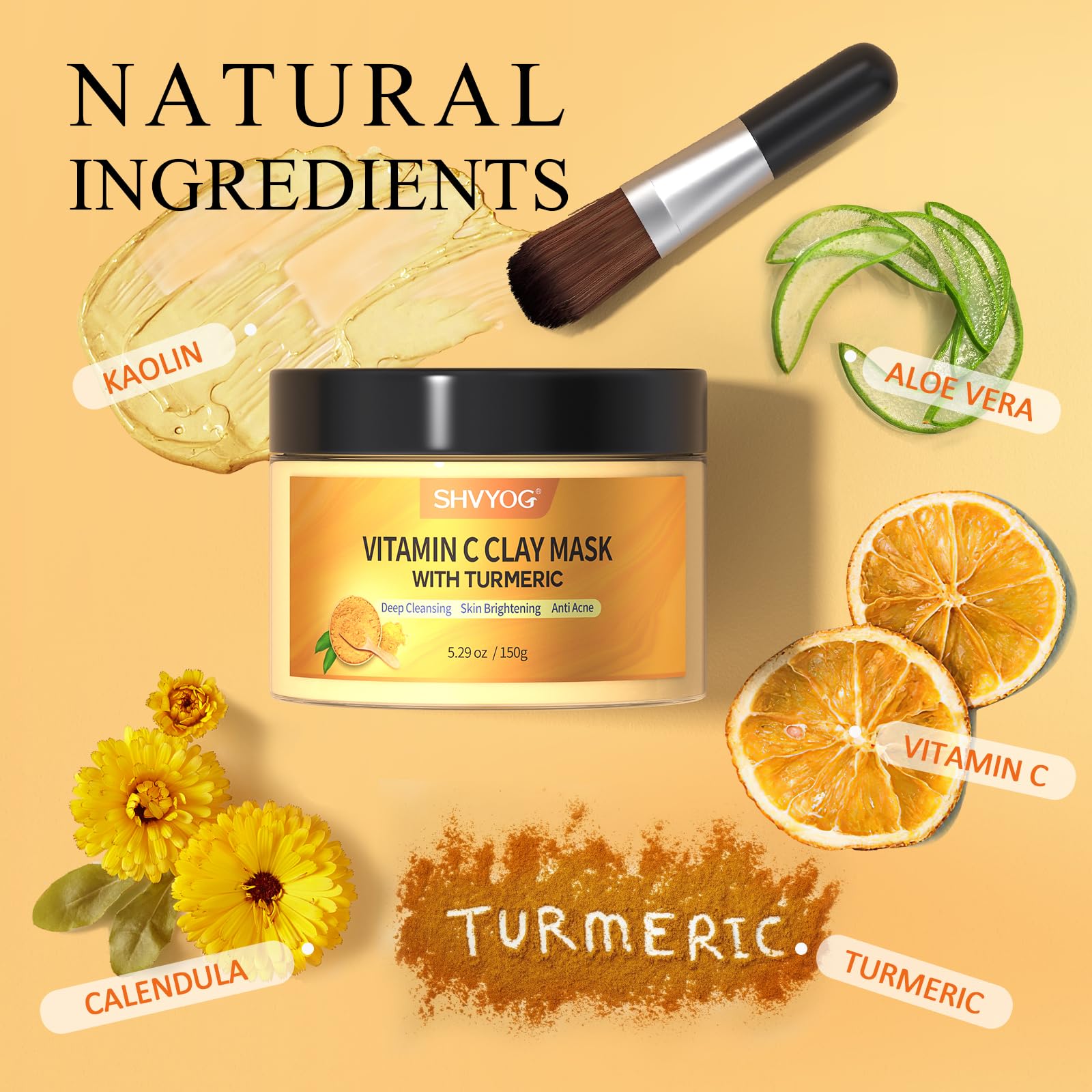Vitamin C Face Mask with Kaolin Clay and Turmeric for Dark Spots, Dull Skin, Skincare Facial Mask for Controlling Oil and Refining Pores 5.29 Oz - Medaid International