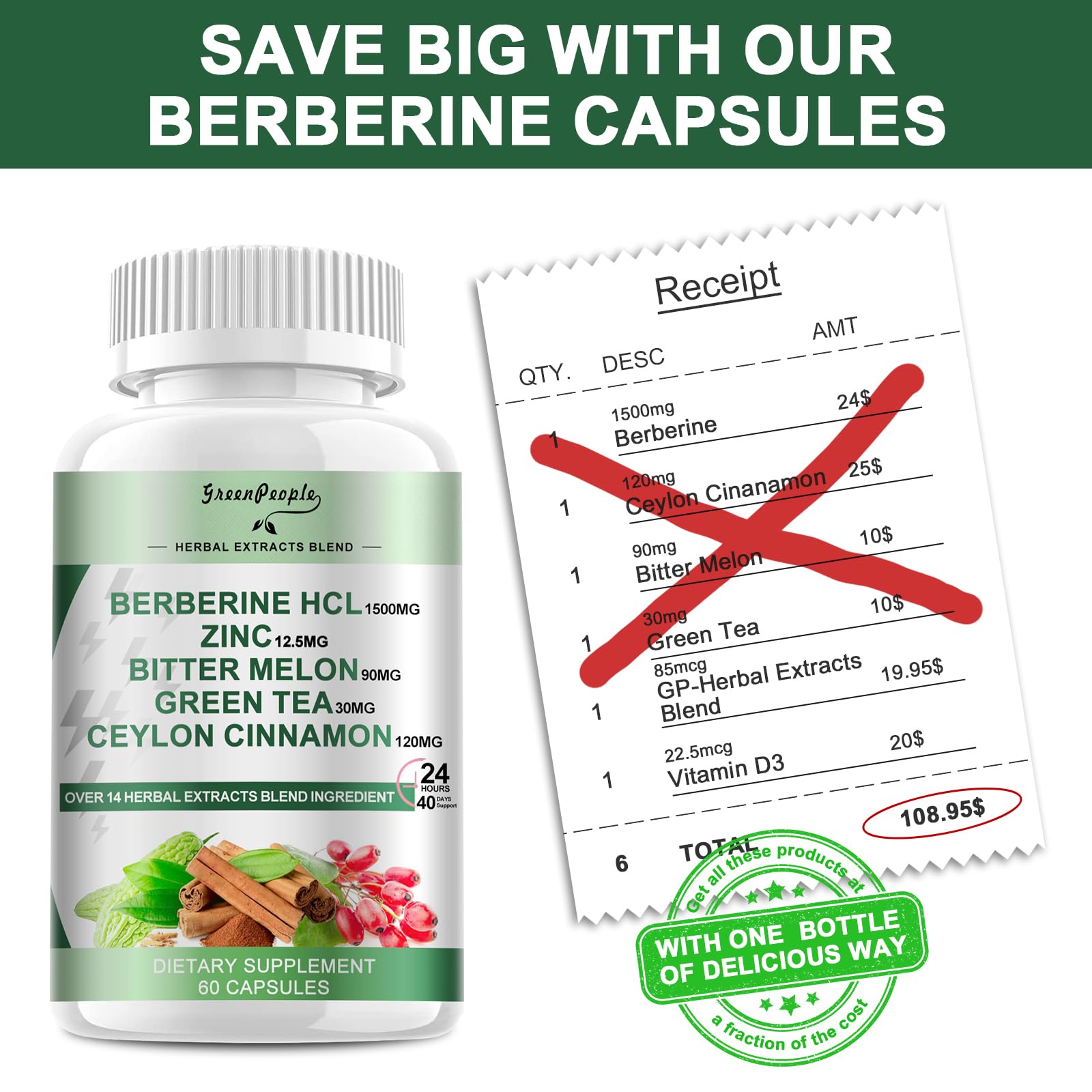 GREENPEOPLE Berberine Supplement with Ceylon Cinnamon - Berberine 1500mg Activates AMPK & GLP-1 Berberine HCL Capsules with Bitter Melon/Artichoke Extracts & Natural Herbs for Immune Support 60 Count - Medaid International
