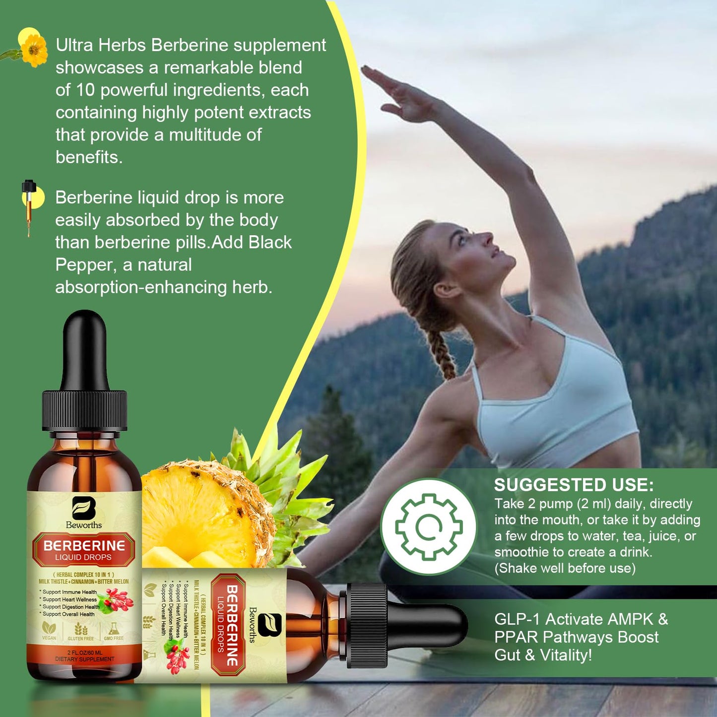 Berberine Supplement with Ceylon Cinnamon - Berberine Liquid Drops with Turmeric Curcumin, Ceylon Cinnamon, Bitter Melon, Berberine Phytosome for Digestion System, Immune Health Support -Vegetarian - Medaid International