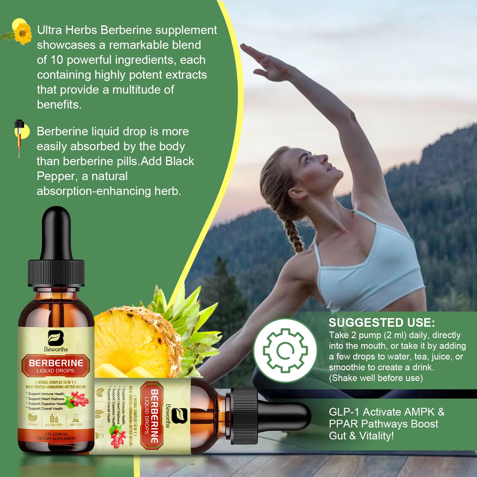 Berberine Supplement with Ceylon Cinnamon - Berberine Liquid Drops with Turmeric Curcumin, Ceylon Cinnamon, Bitter Melon, Berberine Phytosome for Digestion System, Immune Health Support -Vegetarian - Medaid International