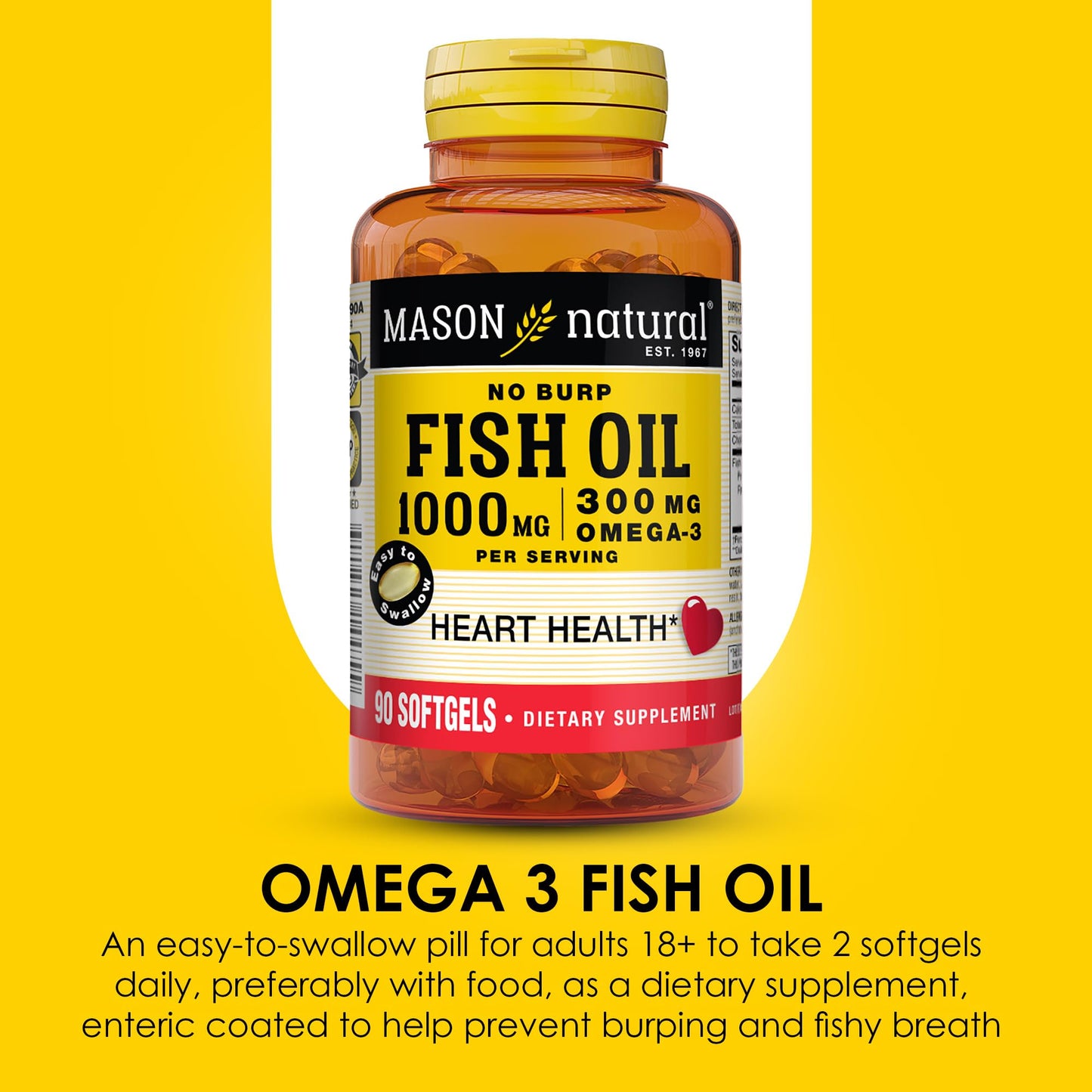 Mason Natural Omega,3 Fish Oil, 45,Day Supply, 1000mg with EPA and DHA for Joint Support, 90 Softgels (Pack of 3) - Medaid International