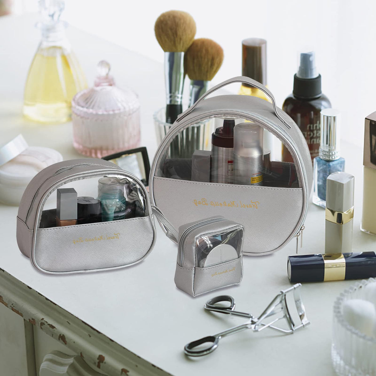 TERRIFI Makeup Bag Set, 3 Pieces Travel Make up Bag with Large Capacity, Clear & Waterproof Cosmetic Bags, Wash Bags Toiletry Bags for Travel - Available in Silver