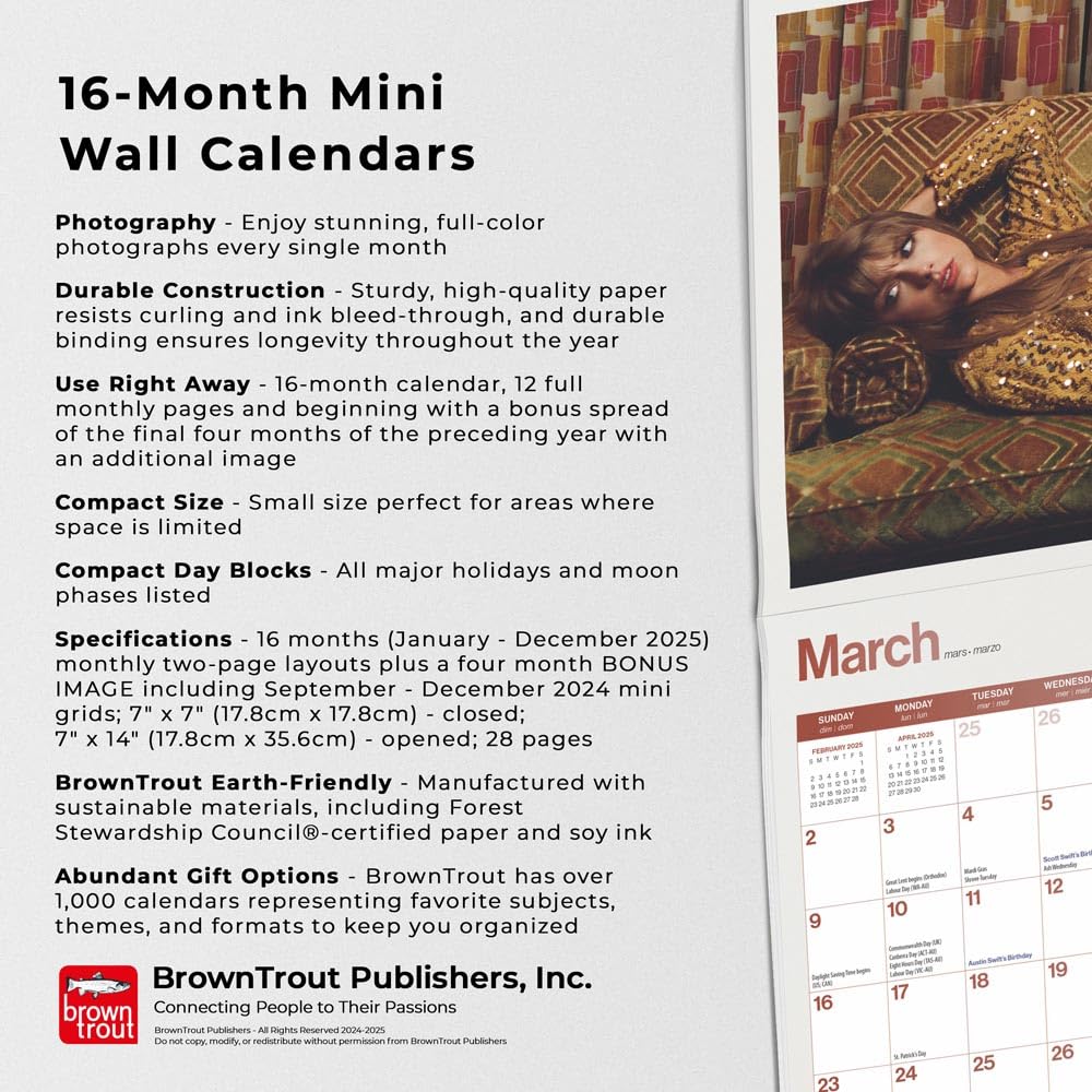 Taylor Swift OFFICIAL | 2025 7 x 14 Inch Monthly Mini Wall Calendar | Plastic-Free | BrownTrout | Music Pop Singer Songwriter Celebrity - Medaid International