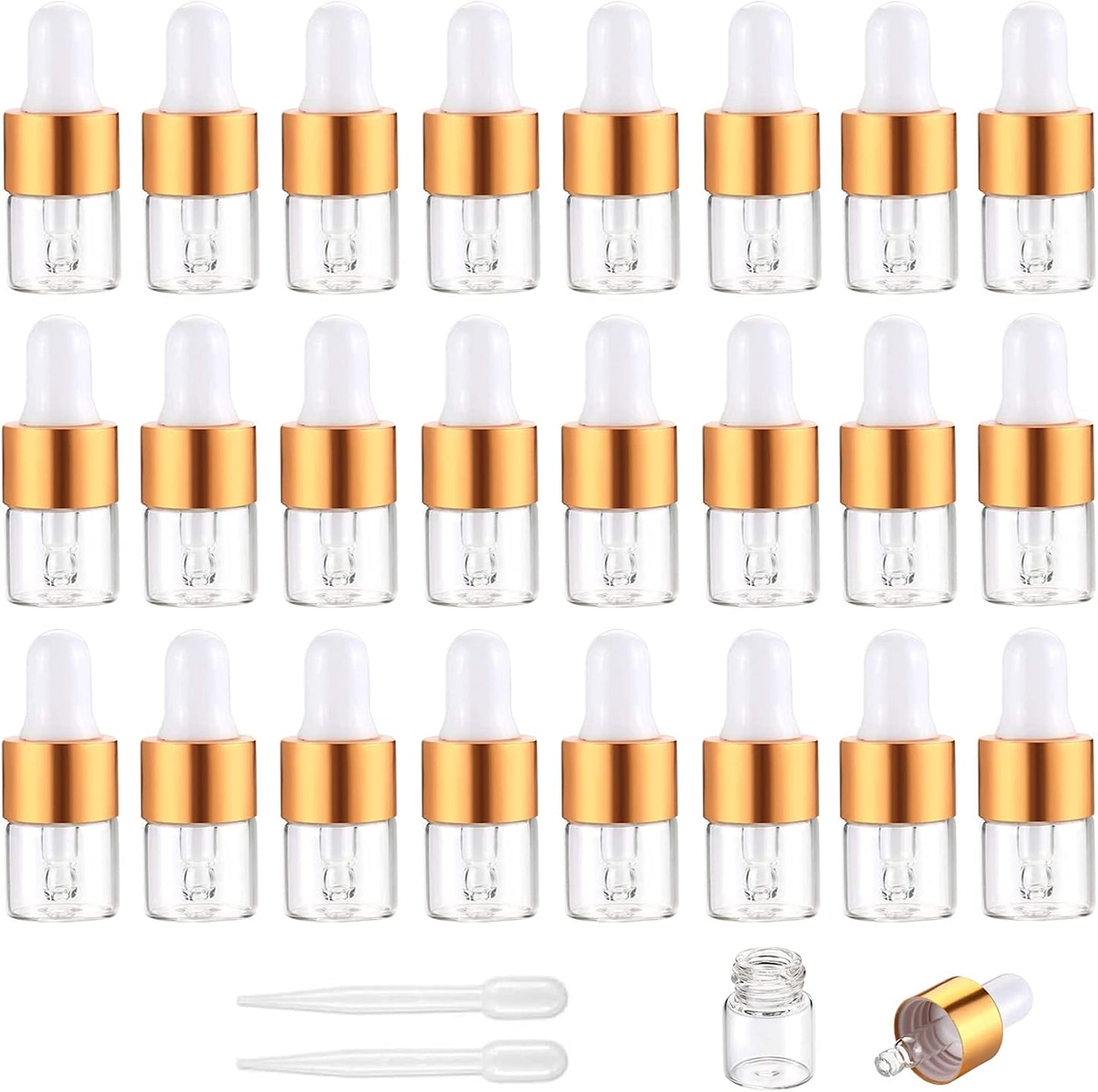 Yalbdopo 24Pcs, 1Ml Transparent Glass Sample Dropper Bottles, Empty Mini Bottles with Dropper Pipettes Gold Aluminum Alloy Cap Refillable Sample Container for Essential Oil Perfume Cosmetic Liquid - Medaid International