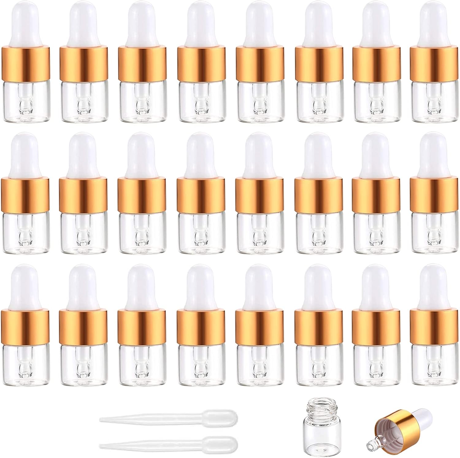 Yalbdopo 24Pcs, 1Ml Transparent Glass Sample Dropper Bottles, Empty Mini Bottles with Dropper Pipettes Gold Aluminum Alloy Cap Refillable Sample Container for Essential Oil Perfume Cosmetic Liquid - Medaid International