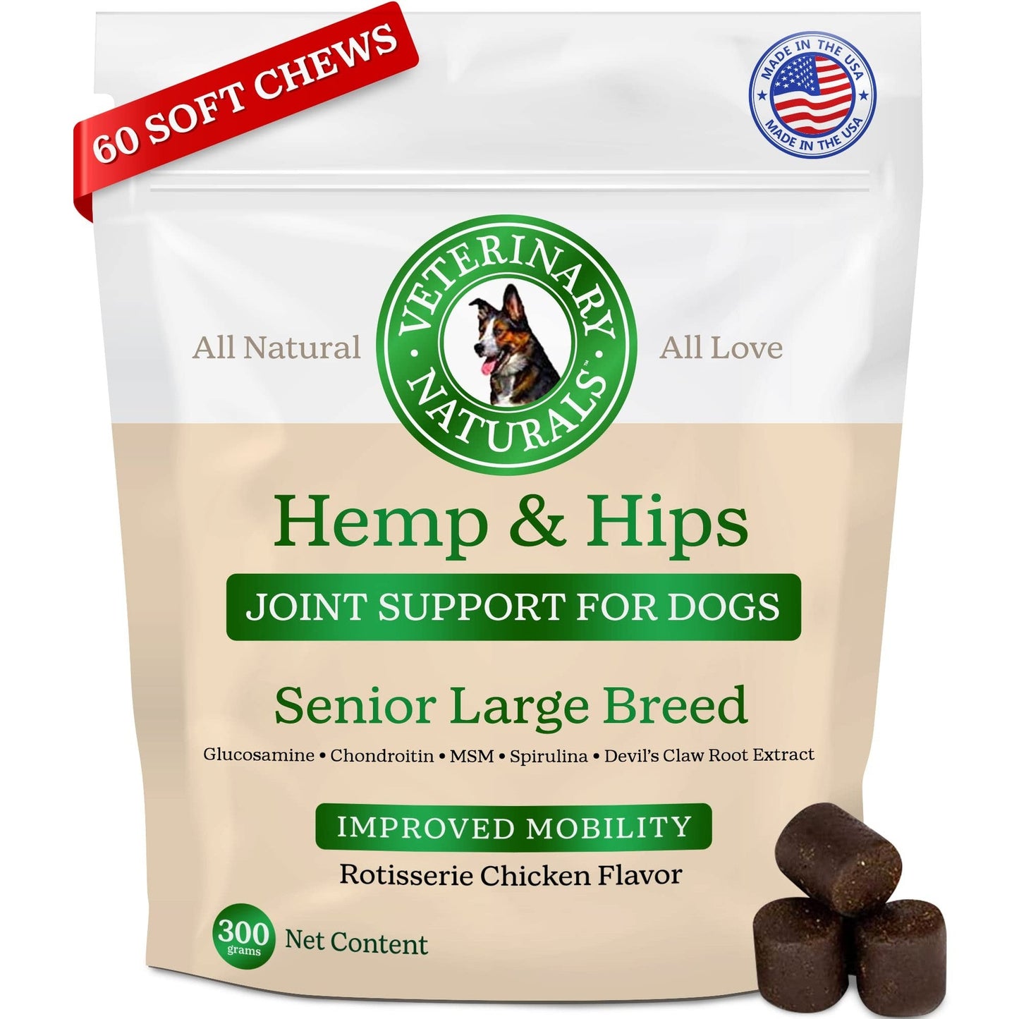 Veterinary Naturals Hemp & HIPS Joint Supplement for Dogs/Supports Relief from Hip and Joint Pain in Large, Aging Dogs (Senior Large Breed, Chicken)