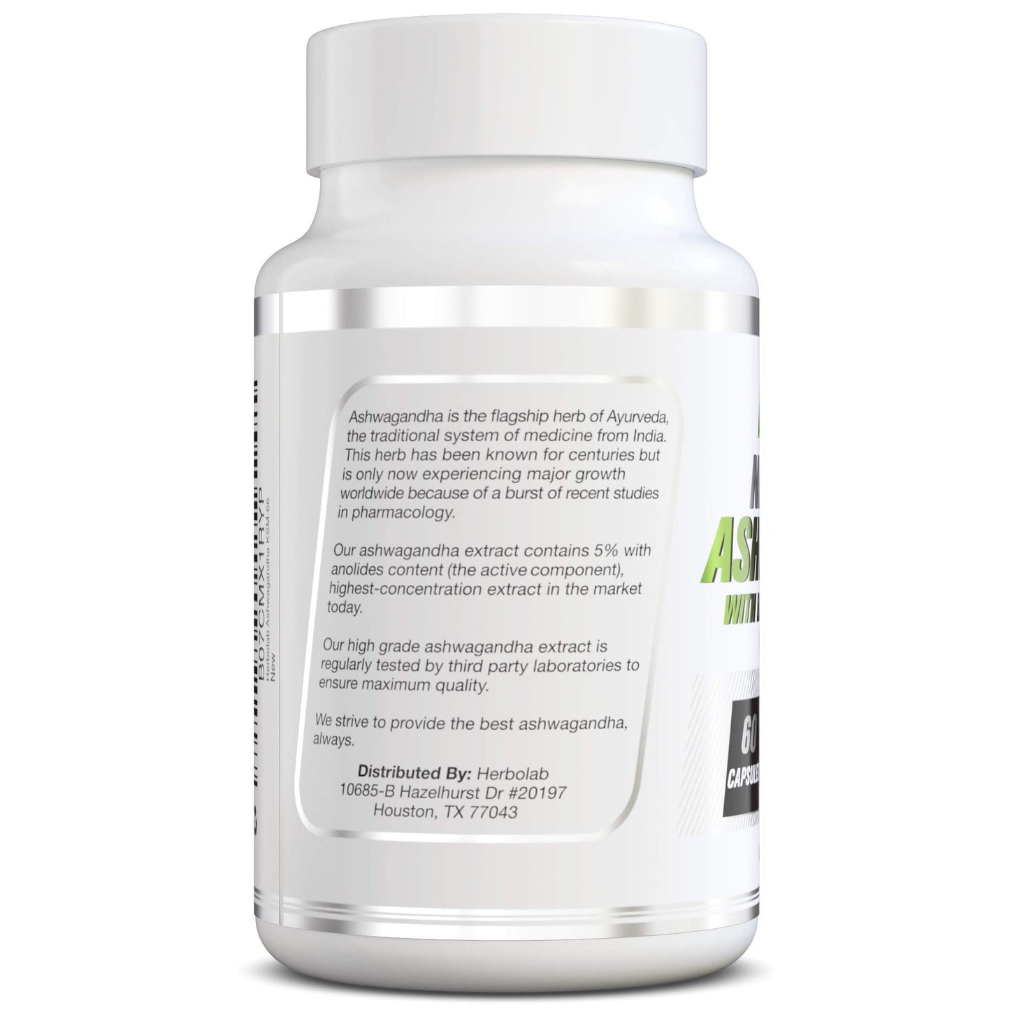 herbolab Ashwagandha KSM 66 15:1 with Black Pepper Extract (Higher Absorption) Max Potency Full Spectrum 5+% Withanolides - Medaid International