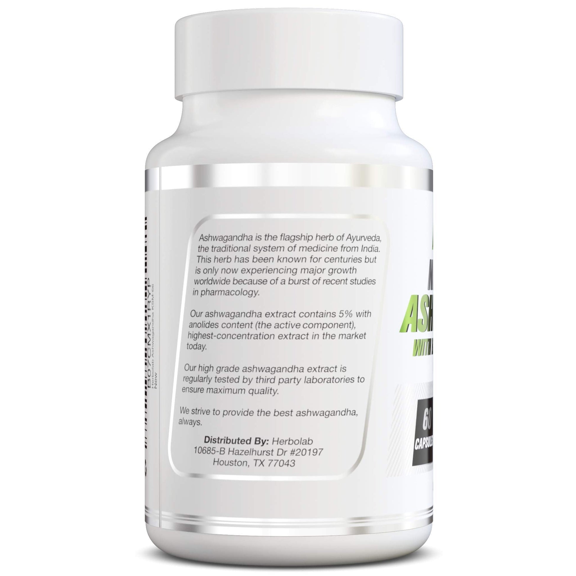 herbolab Ashwagandha KSM 66 15:1 with Black Pepper Extract (Higher Absorption) Max Potency Full Spectrum 5+% Withanolides - Medaid International