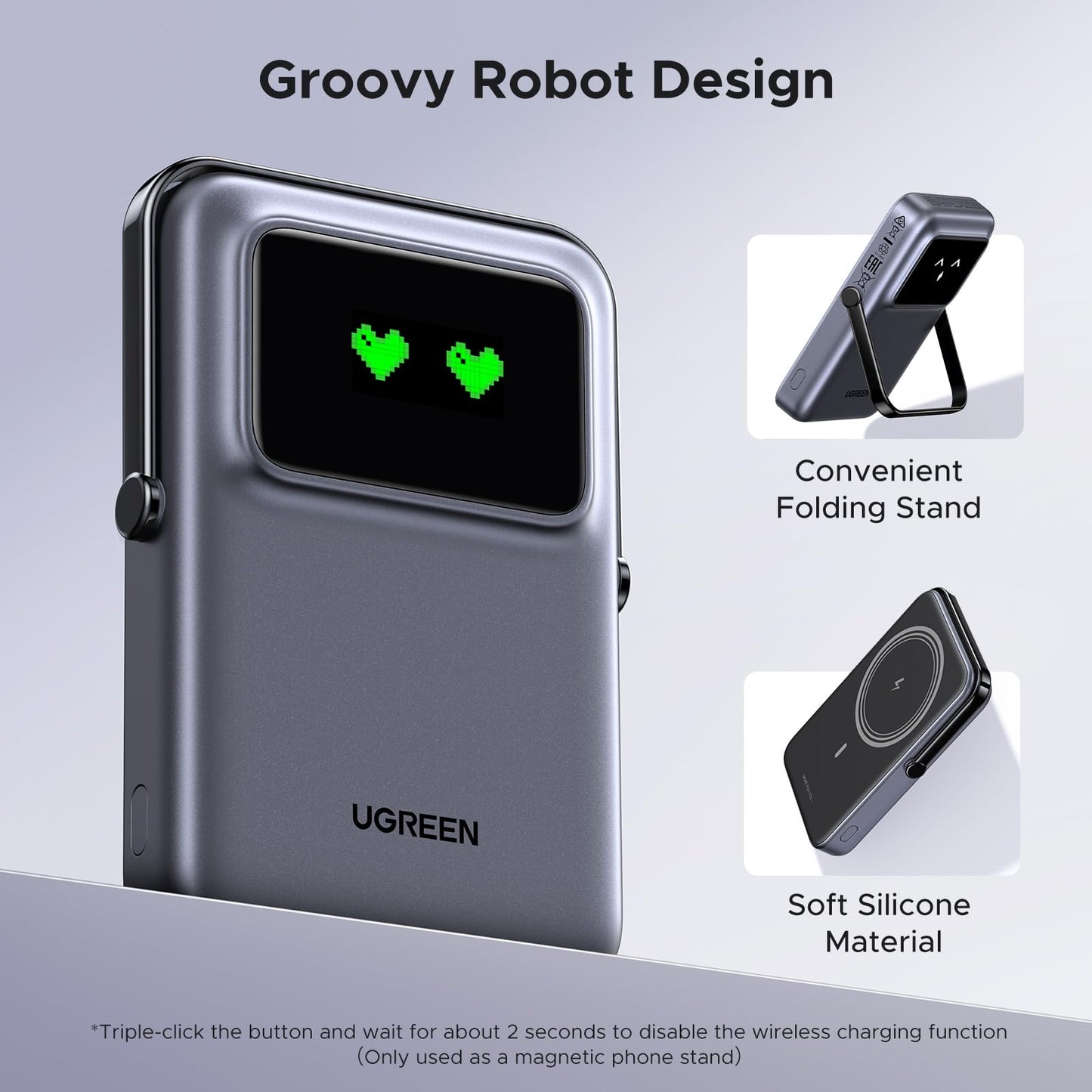 UGREEN Uno 10000mAh Magnetic Portable Charger, Qi 7.5W Wireless Power Bank, PD 20W USB C Battery Pack with Foldable Stand and TFT Display MagSafe Compatible iPhone 17/16 /15/14/13/12 Series, Black - Medaid International