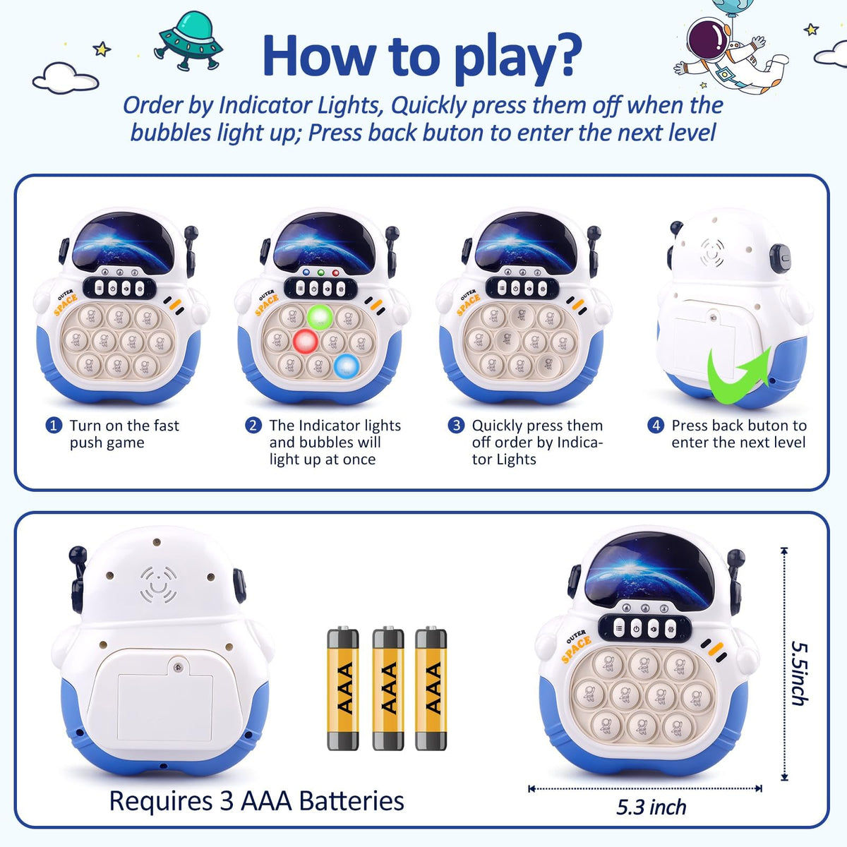 KASTWAVE Quick Push Pop Game, Handheld Puzzle Game Machine, Squeeze Poppet Sensory Fast Push Bubble Toy, Pop it Game Light Up Fidget Toys, for 3-12 Year Old Girls Boys