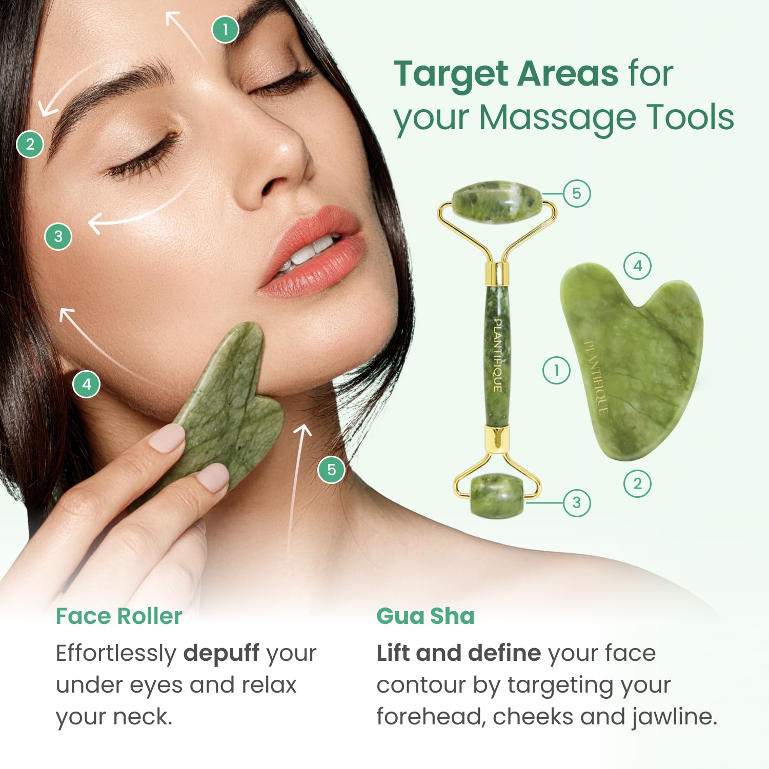 PLANTIFIQUE Jade Roller & Gua Sha Set – Real Jade Facial Tools for Skin Care Routine – Certified Face Massager for Radiant Skin - Medaid International