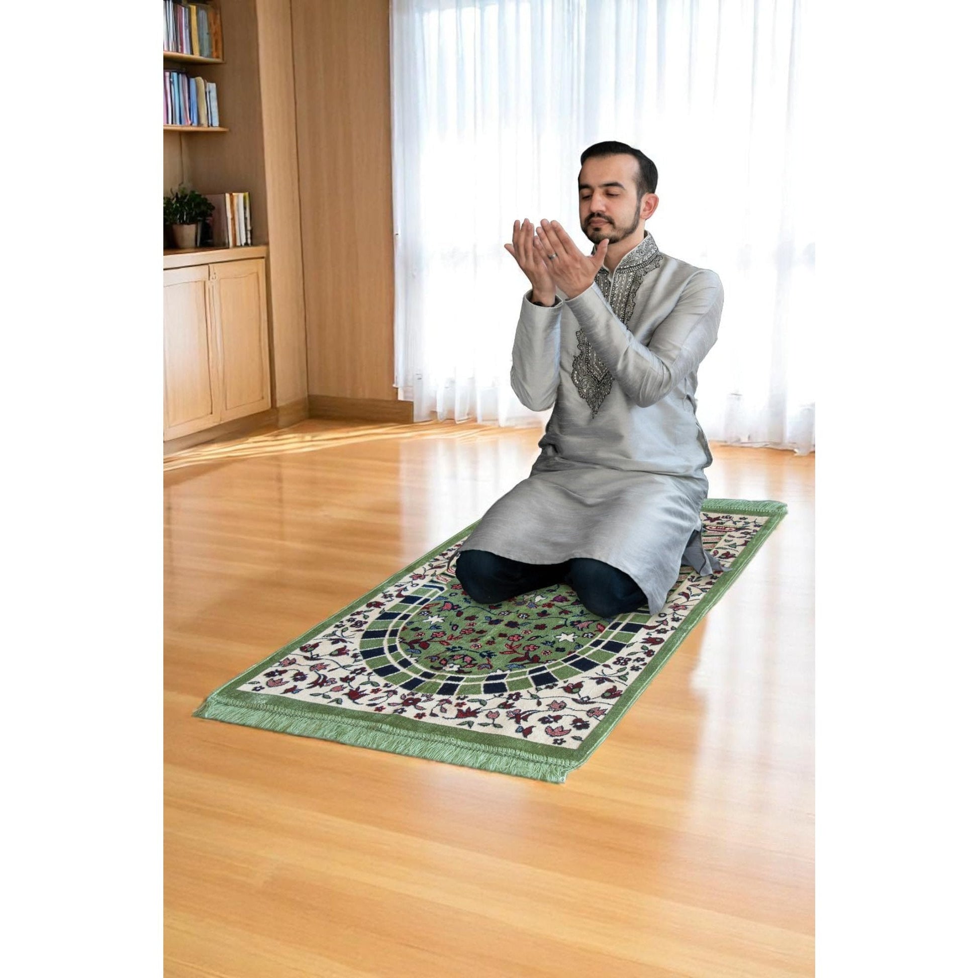 ihvan online, Velvet Muslim Prayer Rug, Thick Janamaz, Sajadah, Soft Islamic Prayer Rug, Islamic Gifts Prayer Carpet Mat, Elegant Design, Rawdah Green - Medaid International