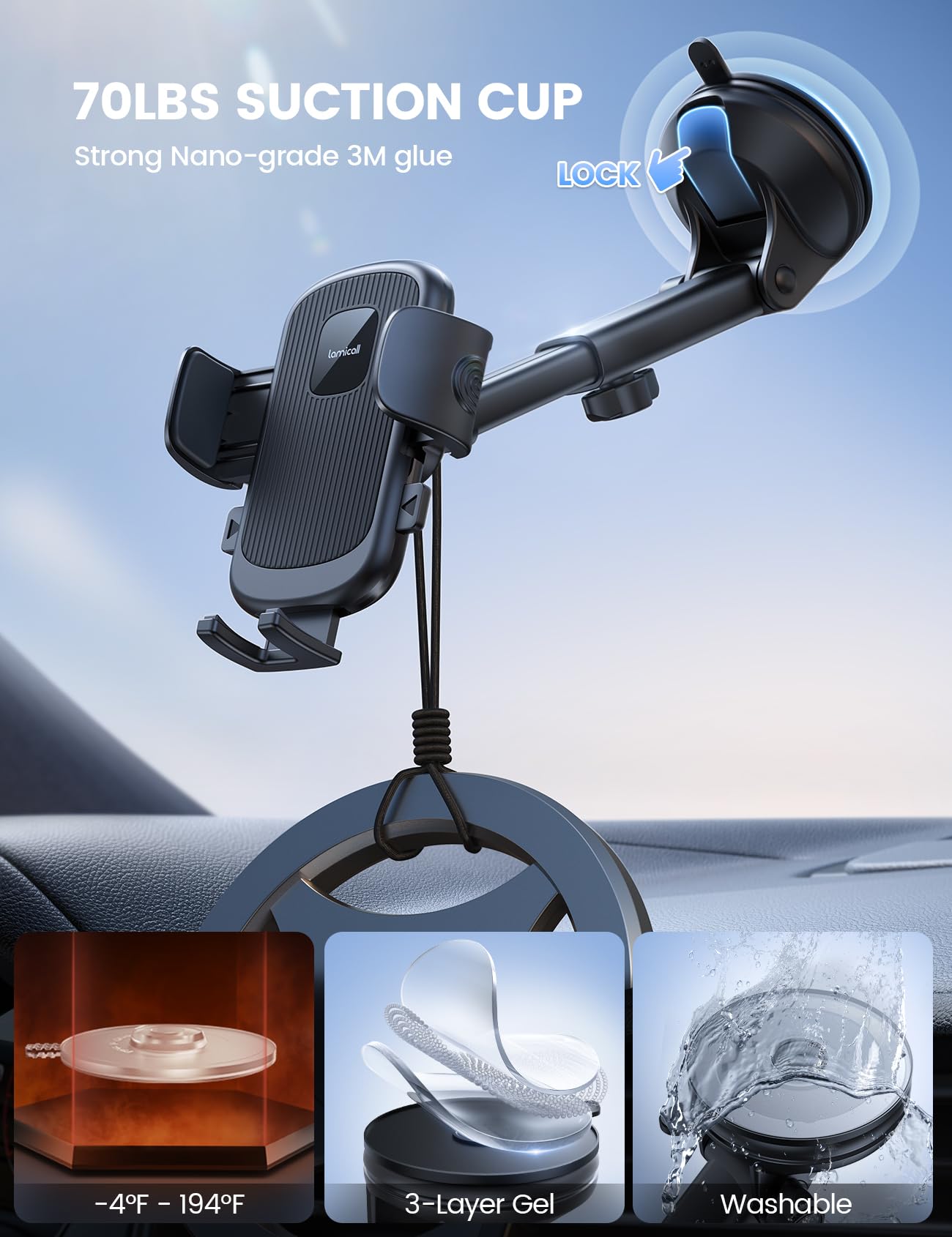 Lamicall Car Phone Holder Mount [3-in-1 Military-Grade Suction Cup] 360° Rotation Phone Holders for Your Car [Metal Hook] Cell Phone Car Mount Dashboard Vent Windshield for iPhone 17 16 All Smartphone - Medaid International