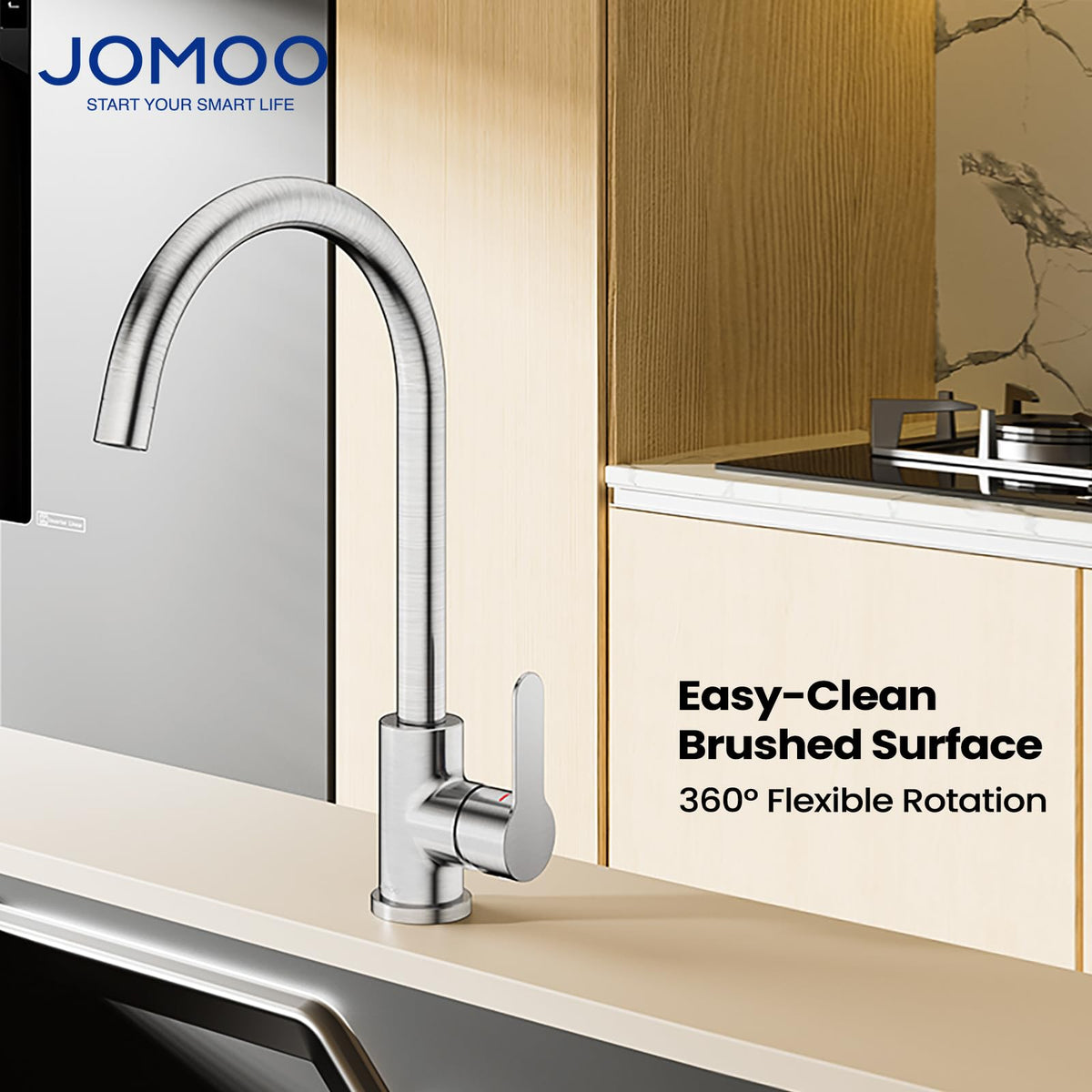 JOMOO Kitchen Faucet, 304 Stainless Steel High Arc 360° Swivel Spout, Single Handle Hot & Cold Mixer Tap, Easy-Clean Brushed Finish, Ceramic Disc Valve, 2 Stainless Steel Braided Hoses