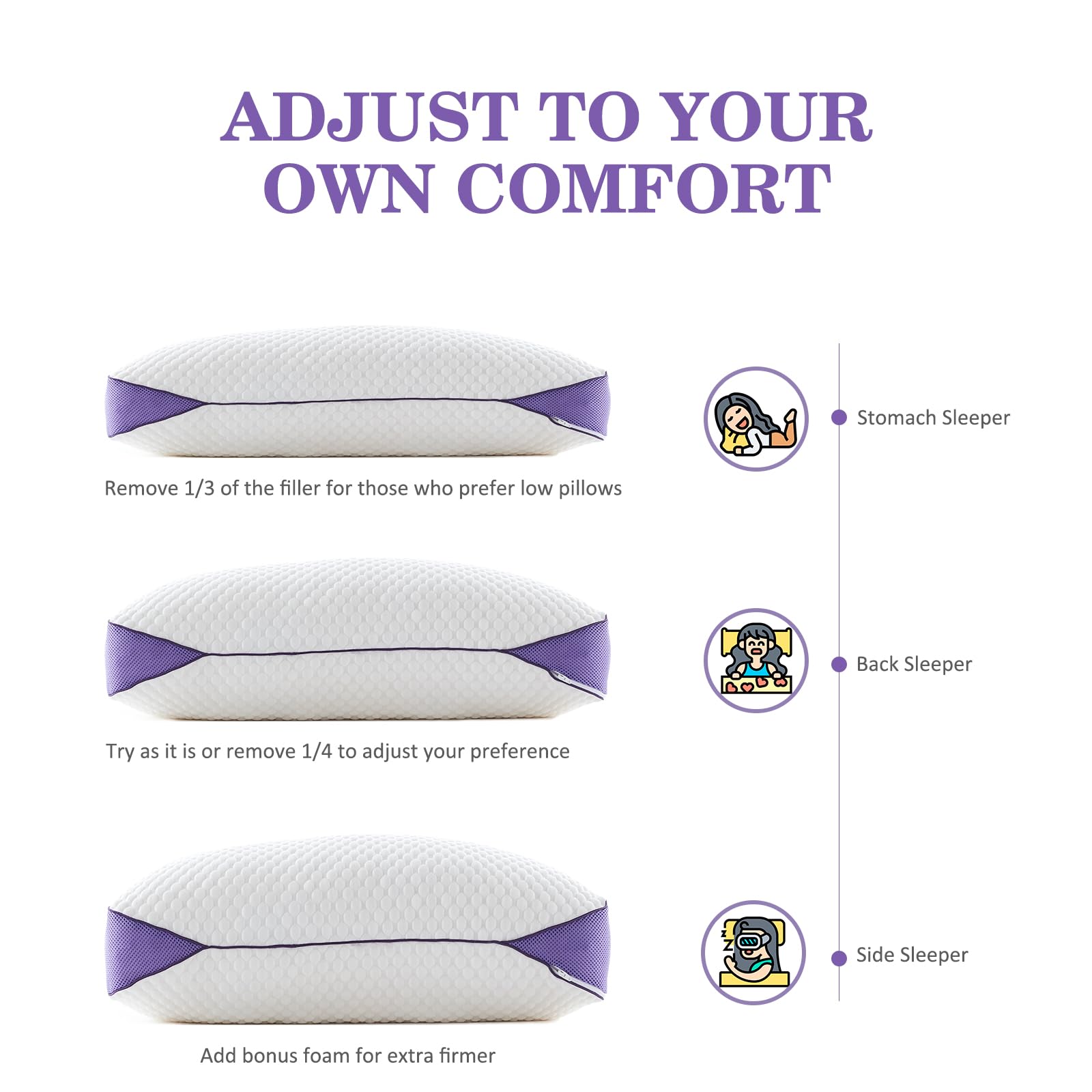 HOMELAB Adjustable Shredded Memory Foam Pillow Queen Size, Cooling Bed Pillow for Sleeping with Removable Cover, Medium Pillow for Side Stomach & Back Sleepers, 1 Pack 20"x28" - Medaid International
