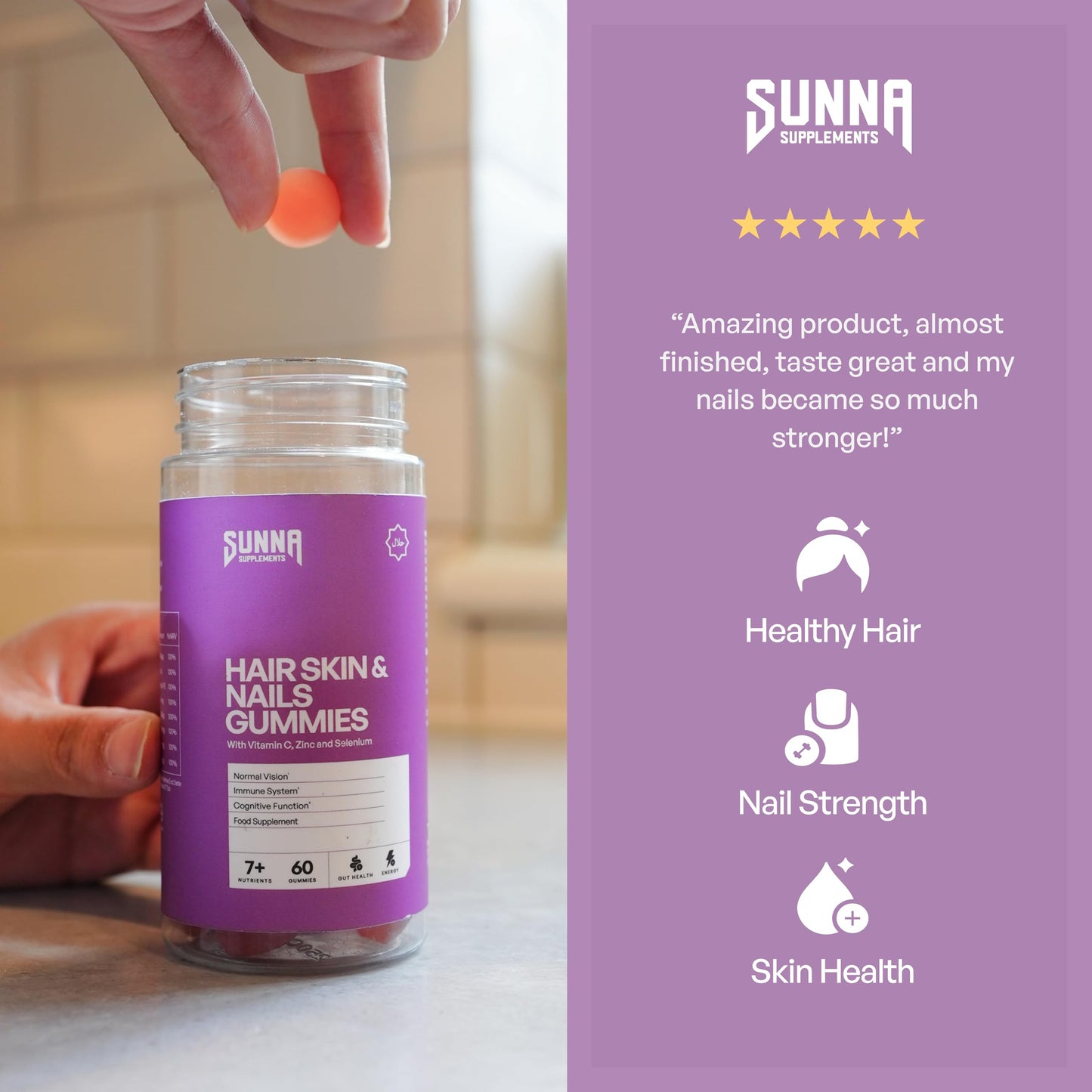 SUNNA SUPPLEMENTS Halal Hair, Skin & Nails Gummies – Biotin, Zinc & multivitamins Gummies for Hair Growth, Strong Nails & Radiant Skin – Gelatin-Free, Vegan Hair Vitamins for Women & Men – 60 Gummies - Medaid International