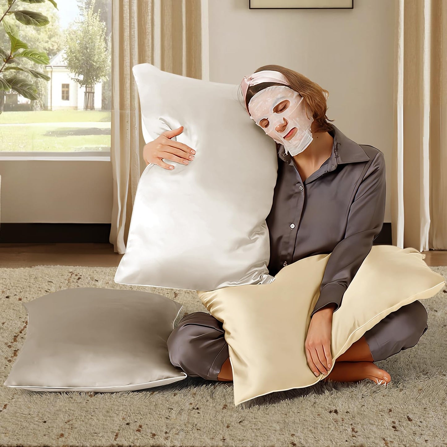 BHZ Satin Goose Down Feather Pillows King Size Set of 2 with Satin Pillowcase for Hair and Skin, Cooling Pillow Cases Similar to Silk Pillow Cases, Christmas Decorative Gifts for Women, Mom Men, Grey - Medaid International