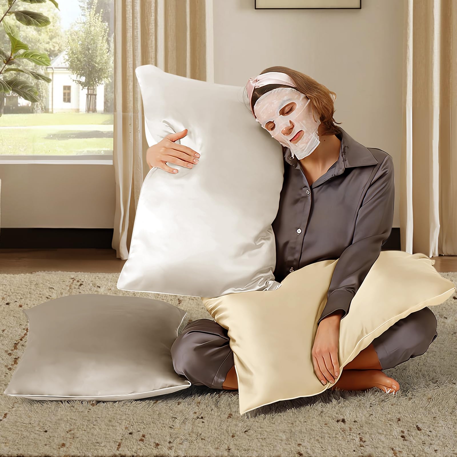 BHZ Satin Goose Down Feather Pillows King Size Set of 2 with Satin Pillowcase for Hair and Skin, Cooling Pillow Cases Similar to Silk Pillow Cases, Christmas Decorative Gifts for Women, Mom Men, Grey - Medaid International