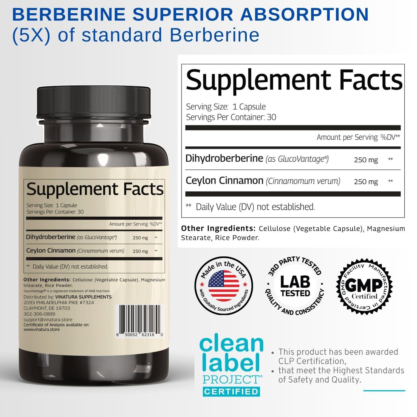 VINATURA Dihydroberberine Supplement with Ceylon Cinnamon, 500mg - (Patented GlucoVantage Super Berberine), Maybe Berberine 5X More absorbable - 30 Capsules - Medaid International