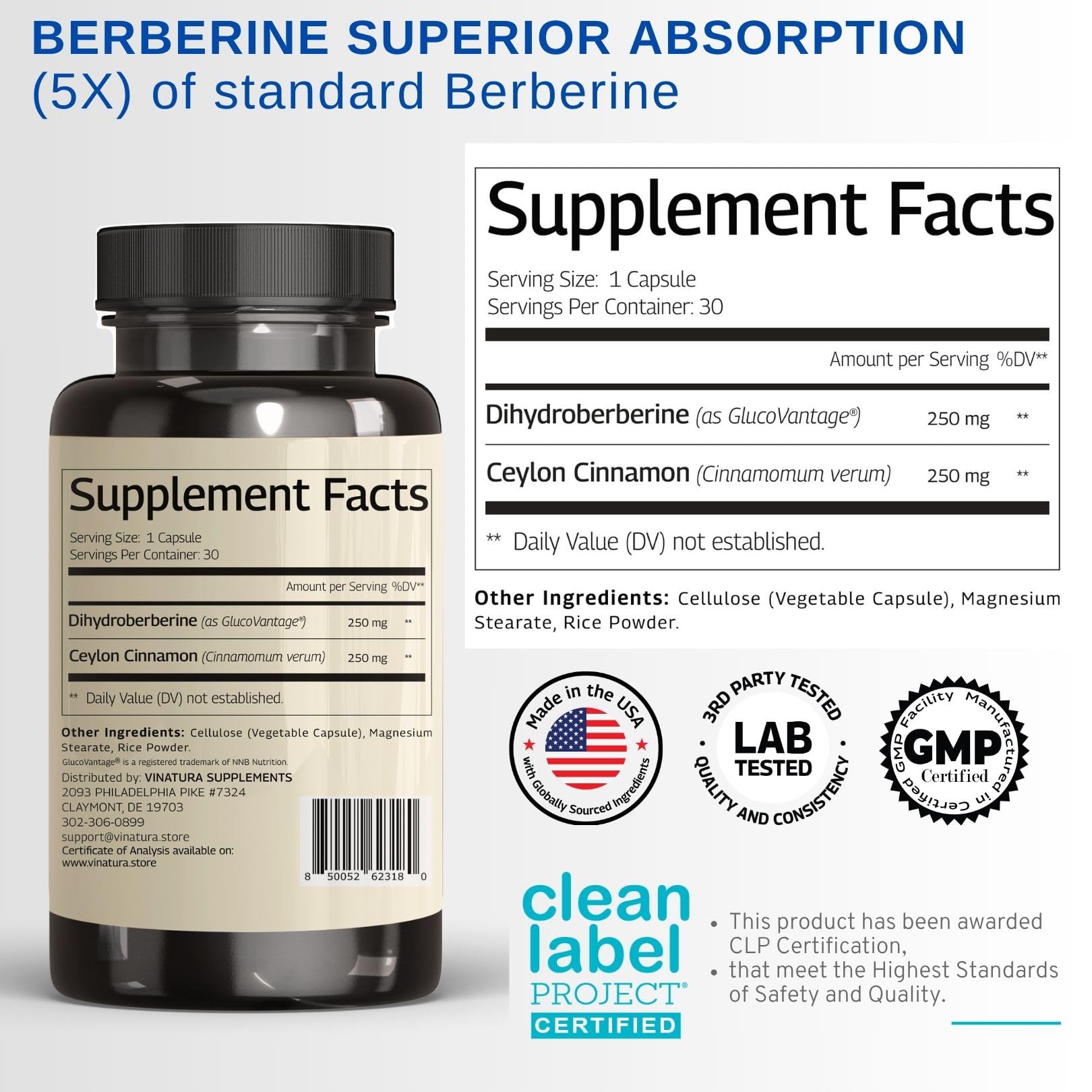 VINATURA Dihydroberberine Supplement with Ceylon Cinnamon, 500mg - (Patented GlucoVantage Super Berberine), Maybe Berberine 5X More absorbable - 30 Capsules - Medaid International