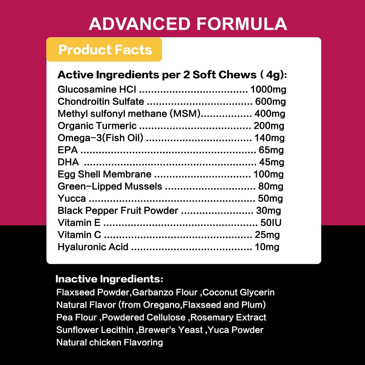Advanced Dog Hip and Joint Supplement. 14 Active Ingredients, Glucosamine for Dogs Joint Health with Chondroitin, MSM, Turmeric, Omega 3. Joint Pain Relief Chews for Dogs of All Age Size Breed, 180pcs
