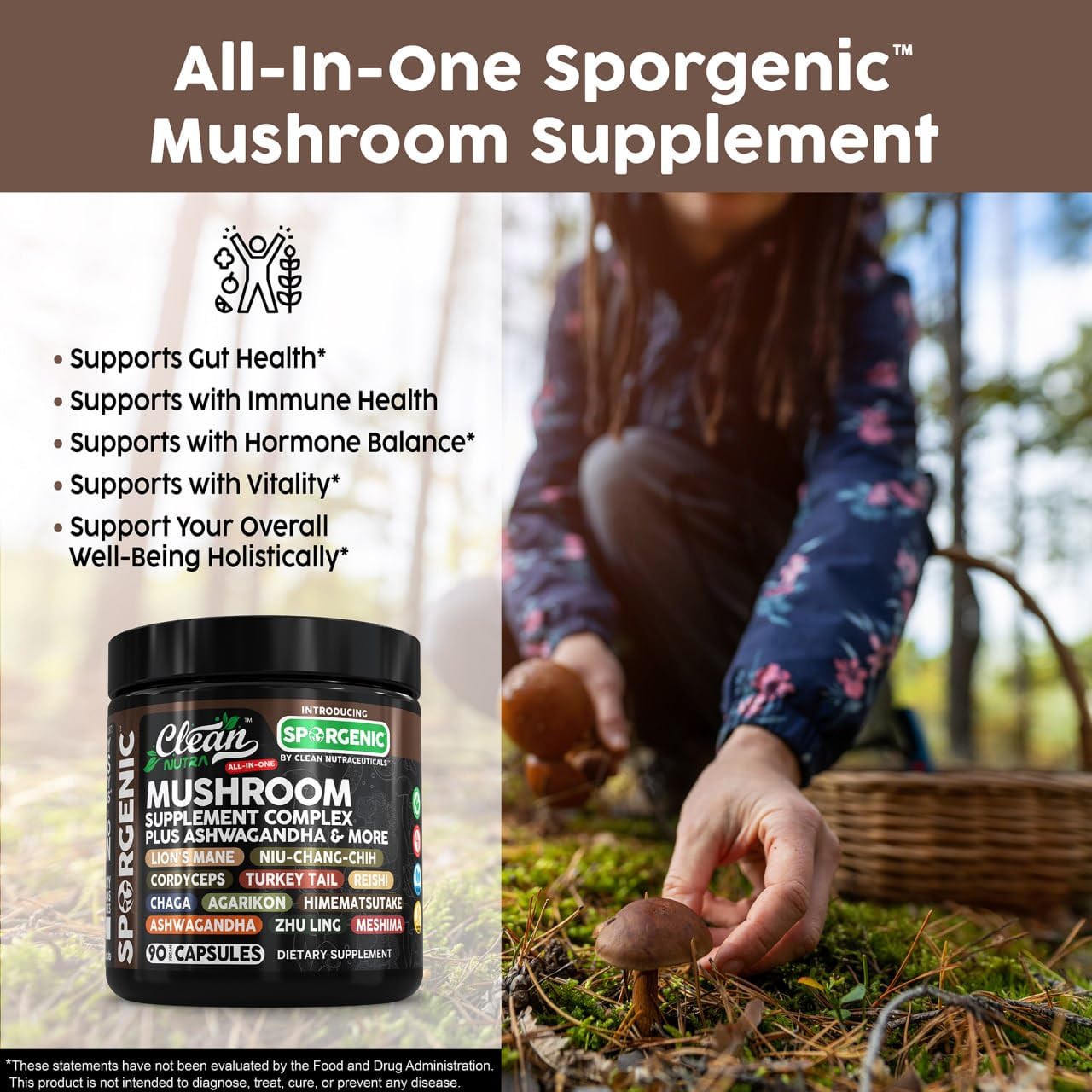 Organic Mushroom Supplement | Ashwagandha Lions Mane Cordyceps Turkey Tail Reishi Mushrooms Maca Root Black Hoof Chaga Tremella Agarikon Shiitake Oyster Powder Capsules Sporgenic by Clean Nutra (1) - Medaid International