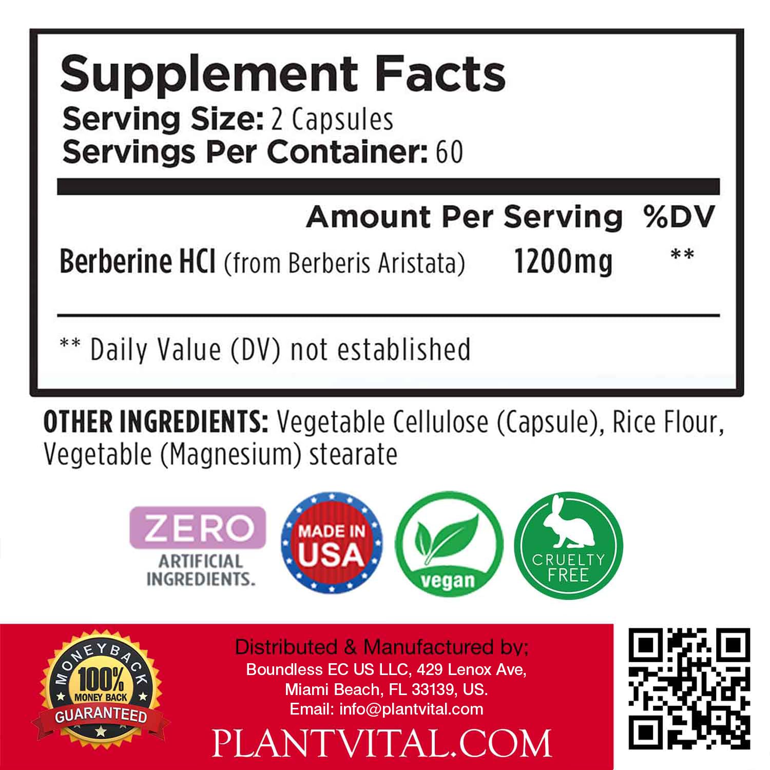 Plantvital Berberine 1200mg (2 caps) Non-GMO Supplement for Immunity Support and Normal Cardiovascular Health - 240 Count, Vegan, and Made in The USA - Medaid International
