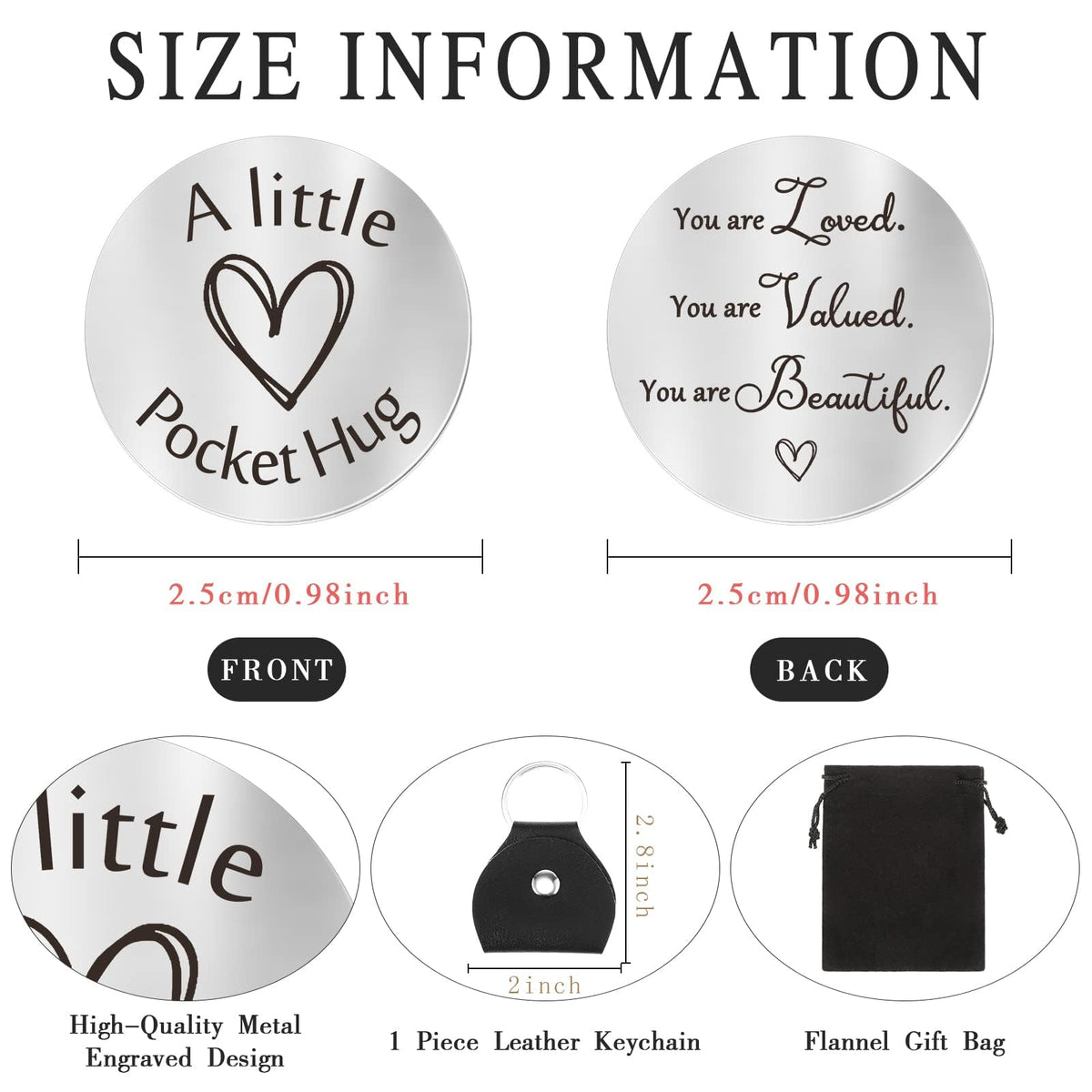 TERRIFI Pocket Hug Token Keychain - Long Distance Relationship Keepsake Stainless Steel Double Sided Inspirational Giftwith PU Leather Keychain