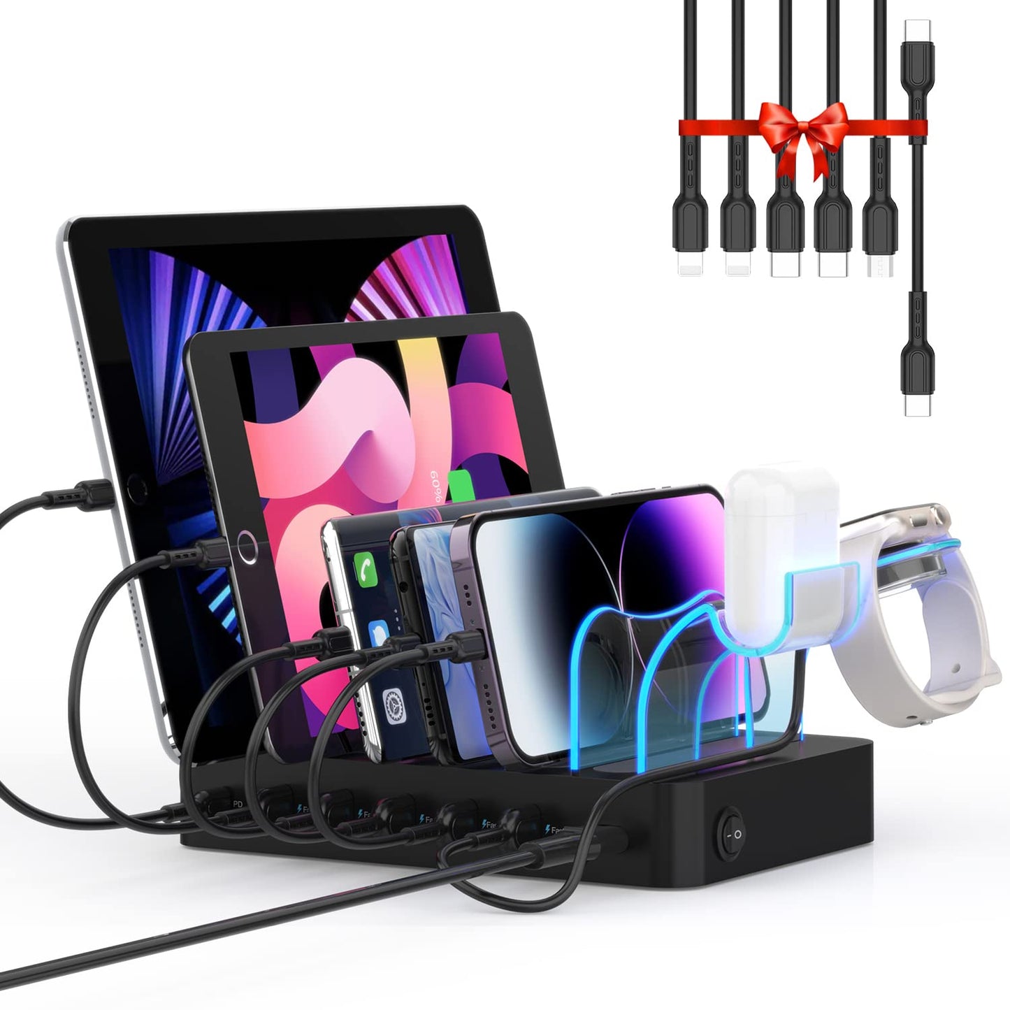 SooPii 6-Port PD Charging Station for Multiple Devices, 20W PD USB C Fast Charging for lPhone 14/13/12,6 Short Cables Included, 2 in 1 Holder,for Phones,Tablets and Others,Black - Medaid International