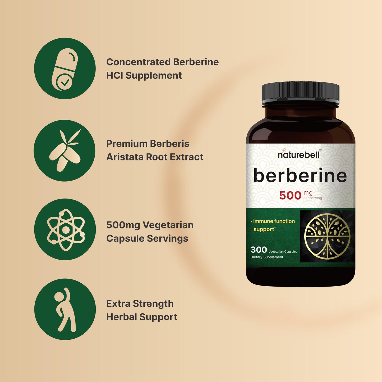 NatureBell Berberine Supplement 500mg | 300 Veggie Capsules, 97% Pure Berberine HCL – 5:1 Root Extract – Plant Based, Vegan, Non-GMO - Medaid International